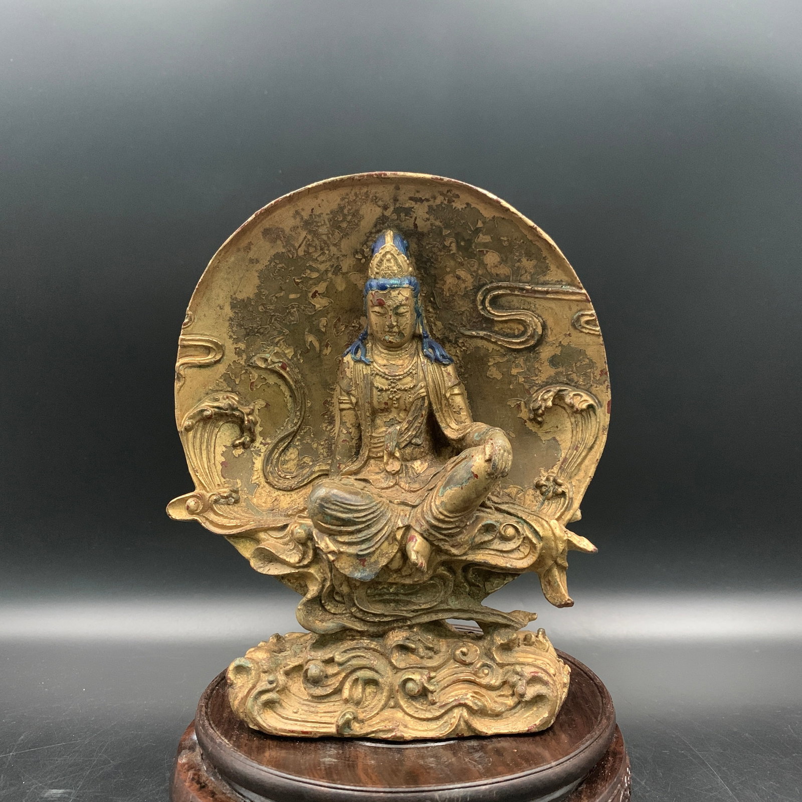 GILT BRONZE WATER-MOON GUANYIN WITH CIRCULAR MANDORLA: Republic Period; Long: 5.9 inch; Width: 2.1 inch; High: 7.4 inch; ;Wooden base for picture and display only.