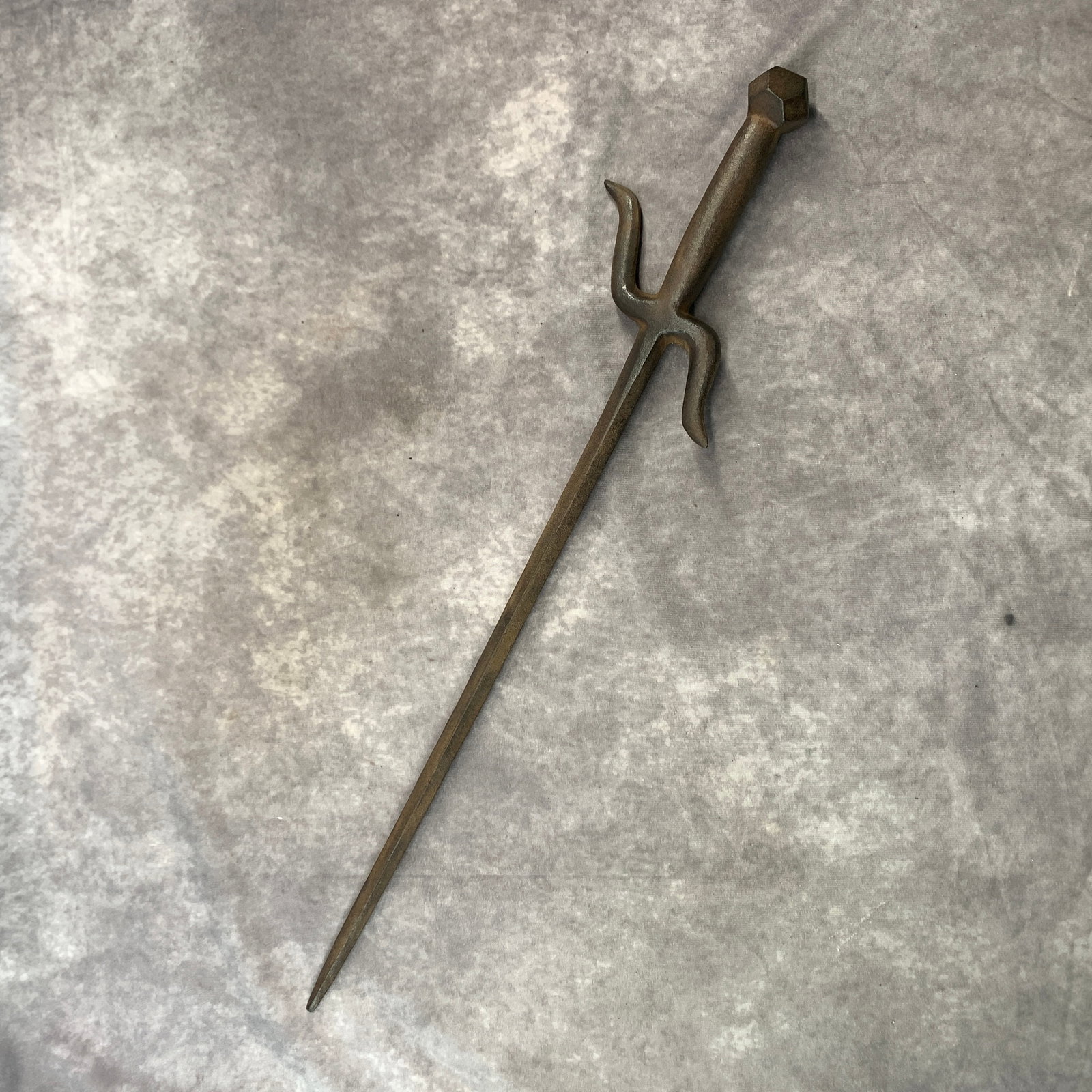 ANTIQUE IRON SAI TRUNCHEON: Republic Period; Long: 25 inch; Width: 5.5 inch; High: 1.5 inch ;Wooden base for picture and display only.