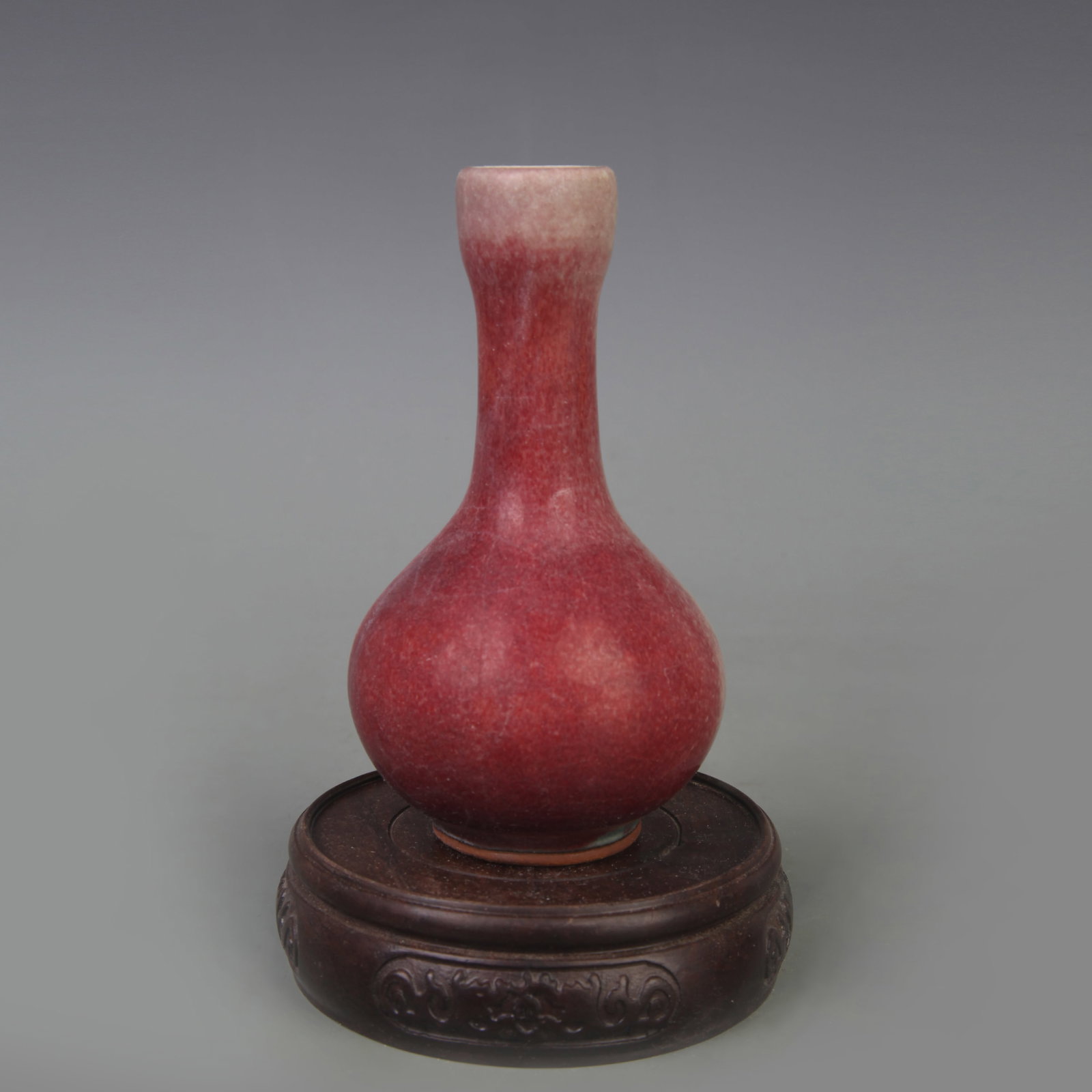 JUN WARE SMALL GLOBULAR VASE: Song Dynasty Style; High: 4.7 inch; Diameter:1.4 inch ;Wooden base for picture and display only.