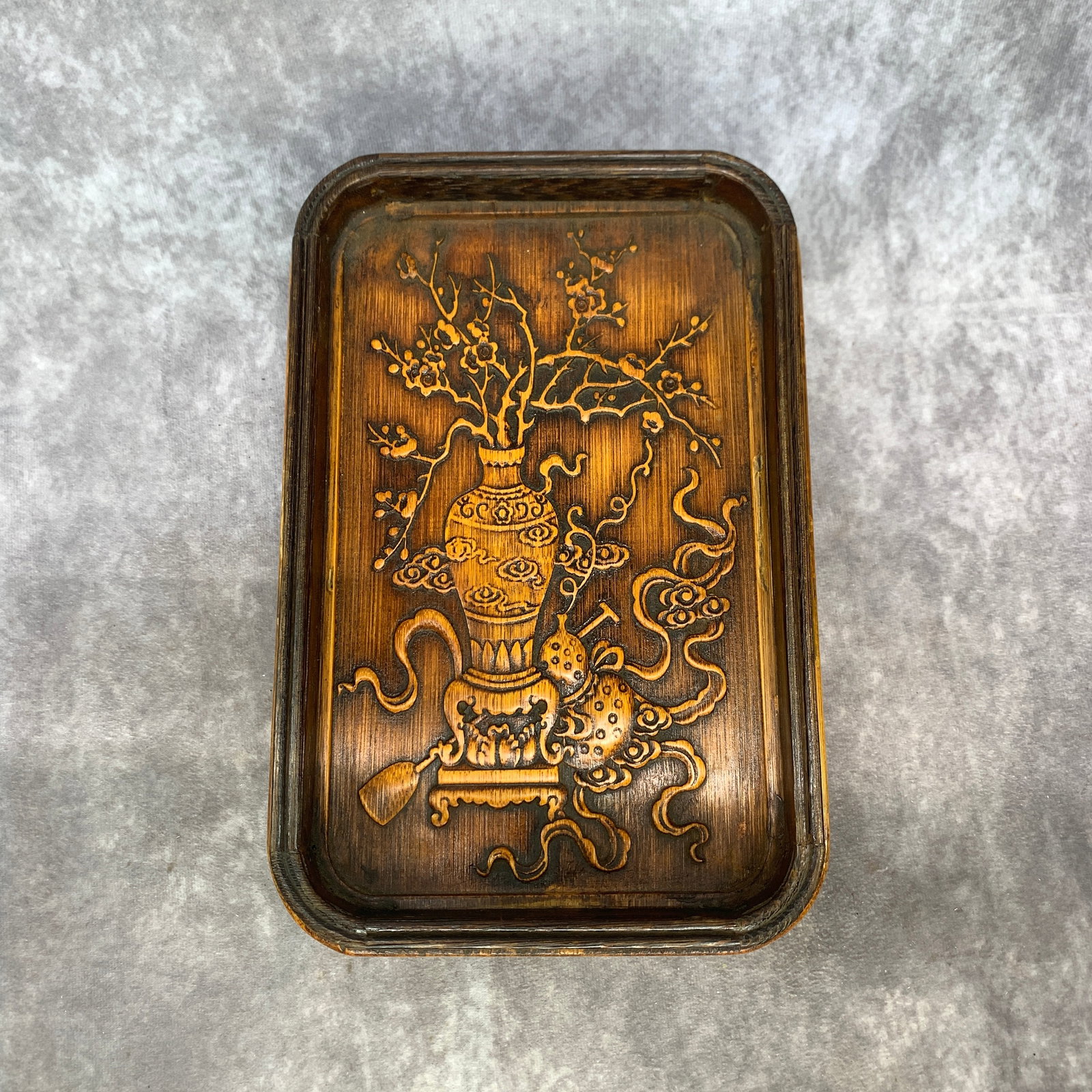 CARVED WOOD "PRECIOUS VESSEL" TRAY: Republic Period; Long: 10.6 inch; Width: 7.1 inch; High: 1.23 inch; ;Wooden base for picture and display only.