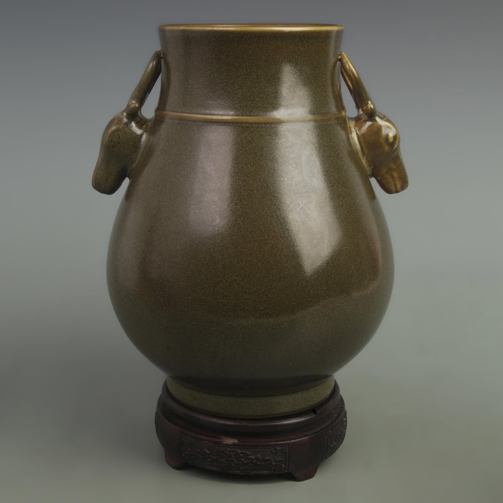 A FINE TEA COLOR GLAZED DOUBLE DEER HANDLED PORCELAIN VASE: Qing Dynasty Yong Zheng Period; High: 10.2 inch; Width: 5 inch; ;Wooden base for picture and display only.