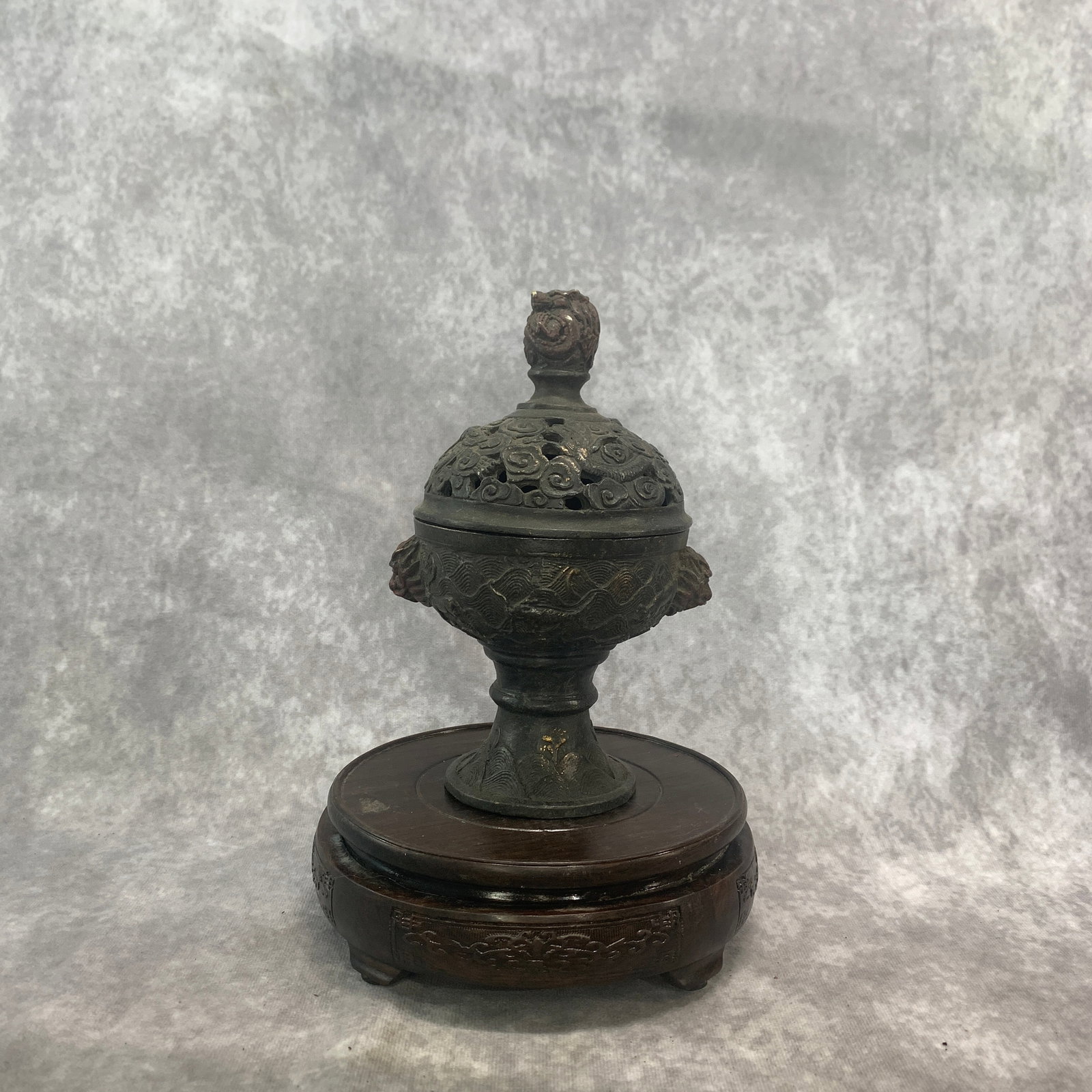 BRONZE GOBLET-STYLE INCENSE BURNER (XIANGLU): Qing Dynasty; Long: 4.8 inch; Width: 4.1 inch; High: 7.2 inch; ;Wooden base for picture and display only.