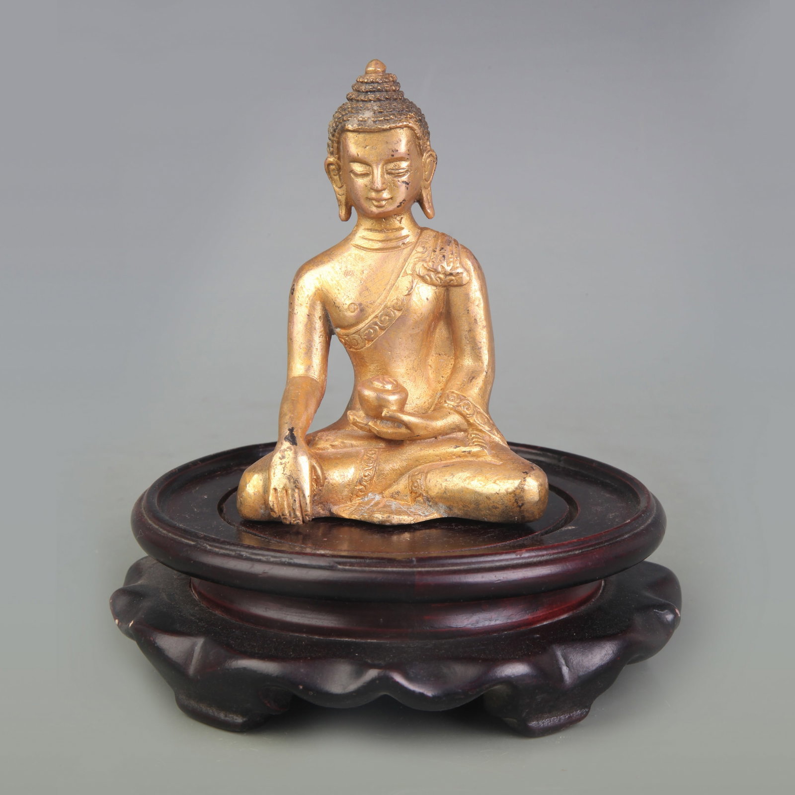 SMALL SHAKYAMUNI BUDDHA FIGURE: Qing Dynasty; High: 3.9 inch ;Wooden base for picture and display only.