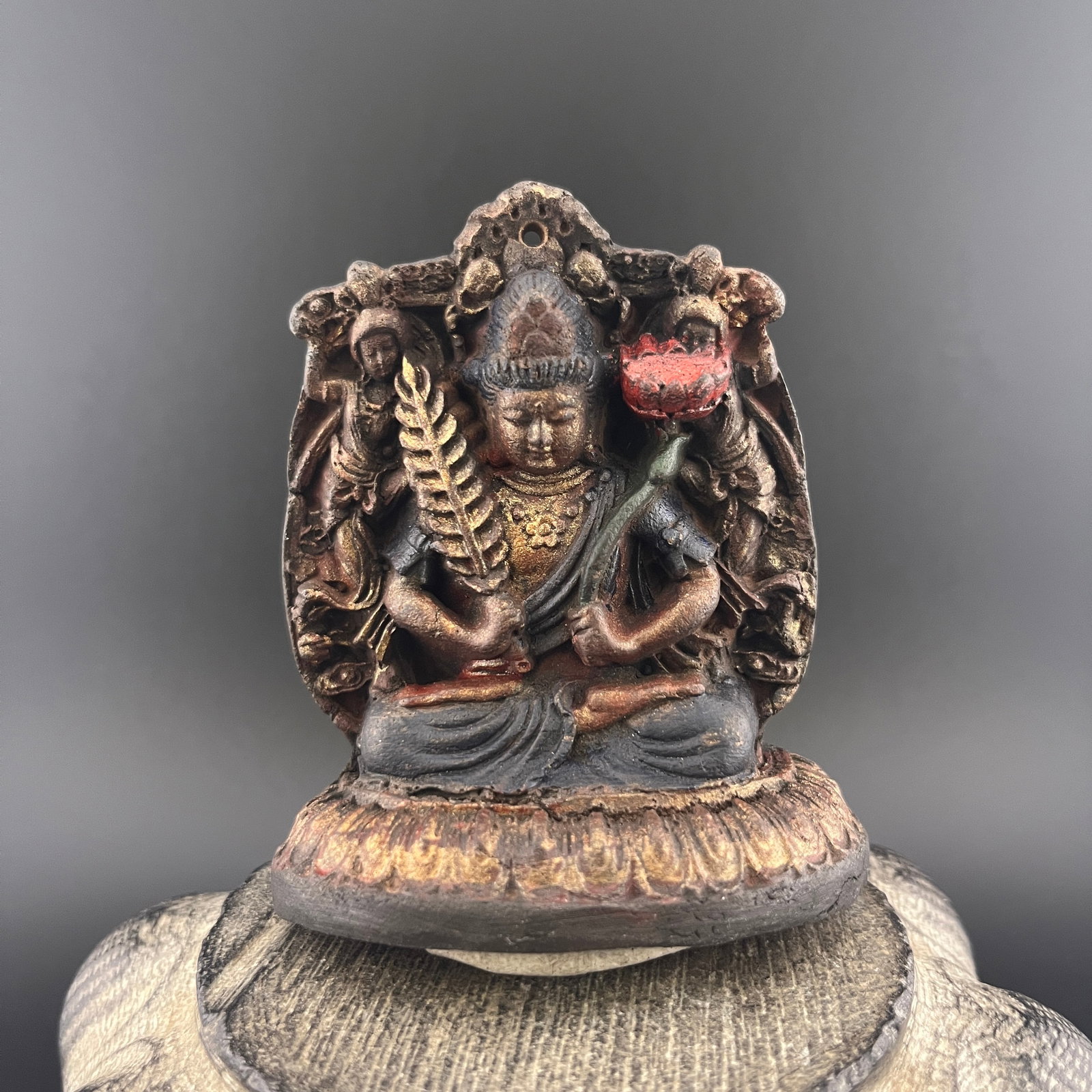 WOODEN DEITY BUDDHIST PLAQUE FIGURINE: Republic Period; Width: 2.5 inch; High: 2.8 inch; ;Wooden base for picture and display only.