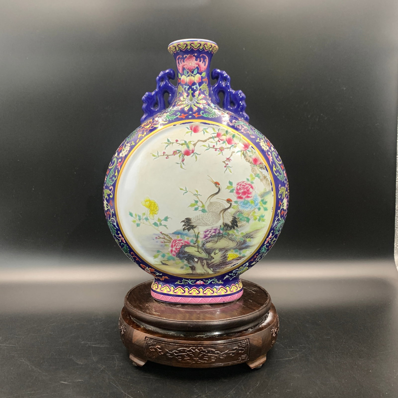 FAMILLE ROSE "MOONFLASK" (BAOYUEPING) PORCELAIN VASE: Republic Period; Long: 7.6 inch; Width: 3.5 inch; High: 10.1 inch; ;Wooden base for picture and display only.