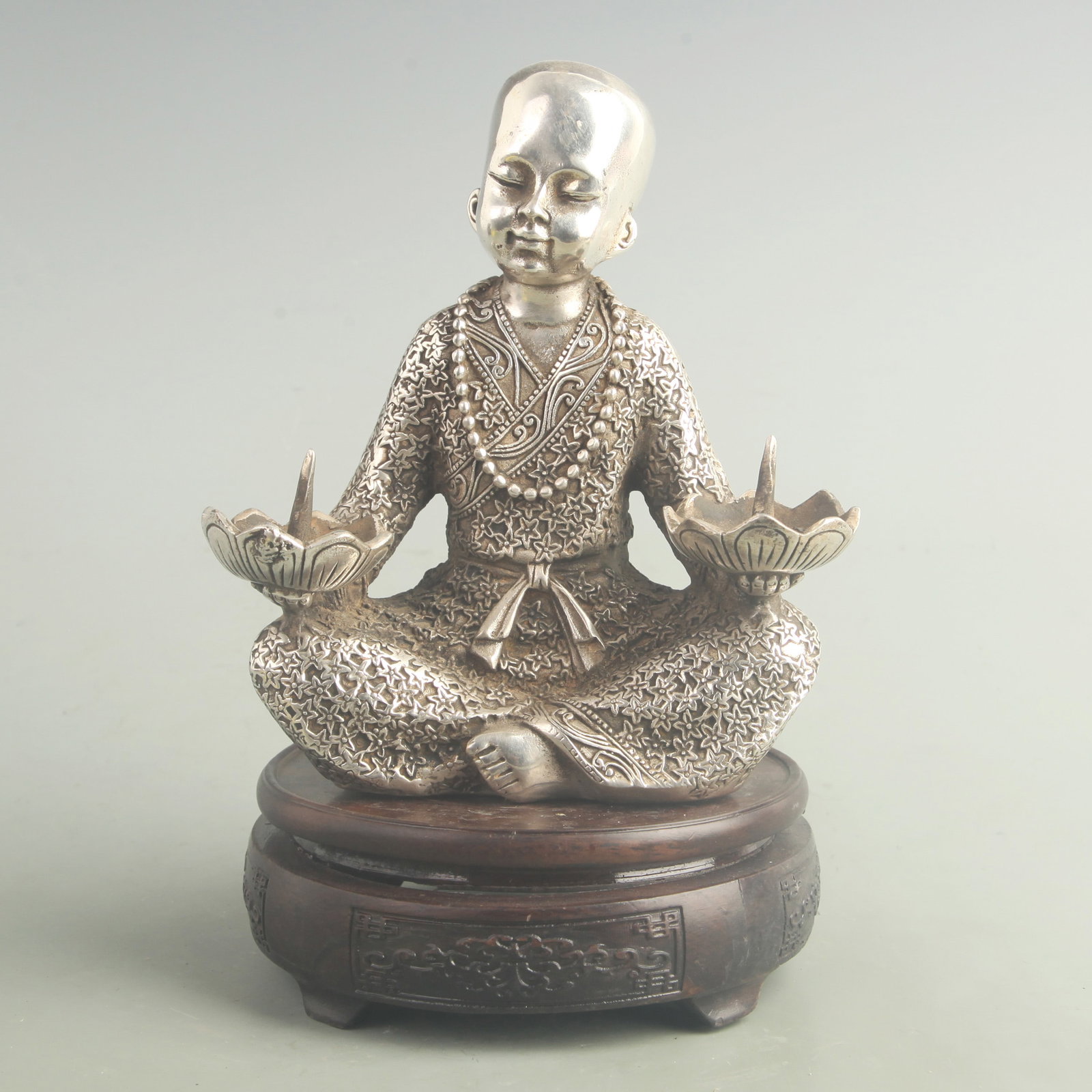 GILT AND SILVER BRONZE CHILD BUDDHA STATUE: 20th Century; High: 6.50 inch; Width: 6.00 inch; ;Wooden base for picture and display only.