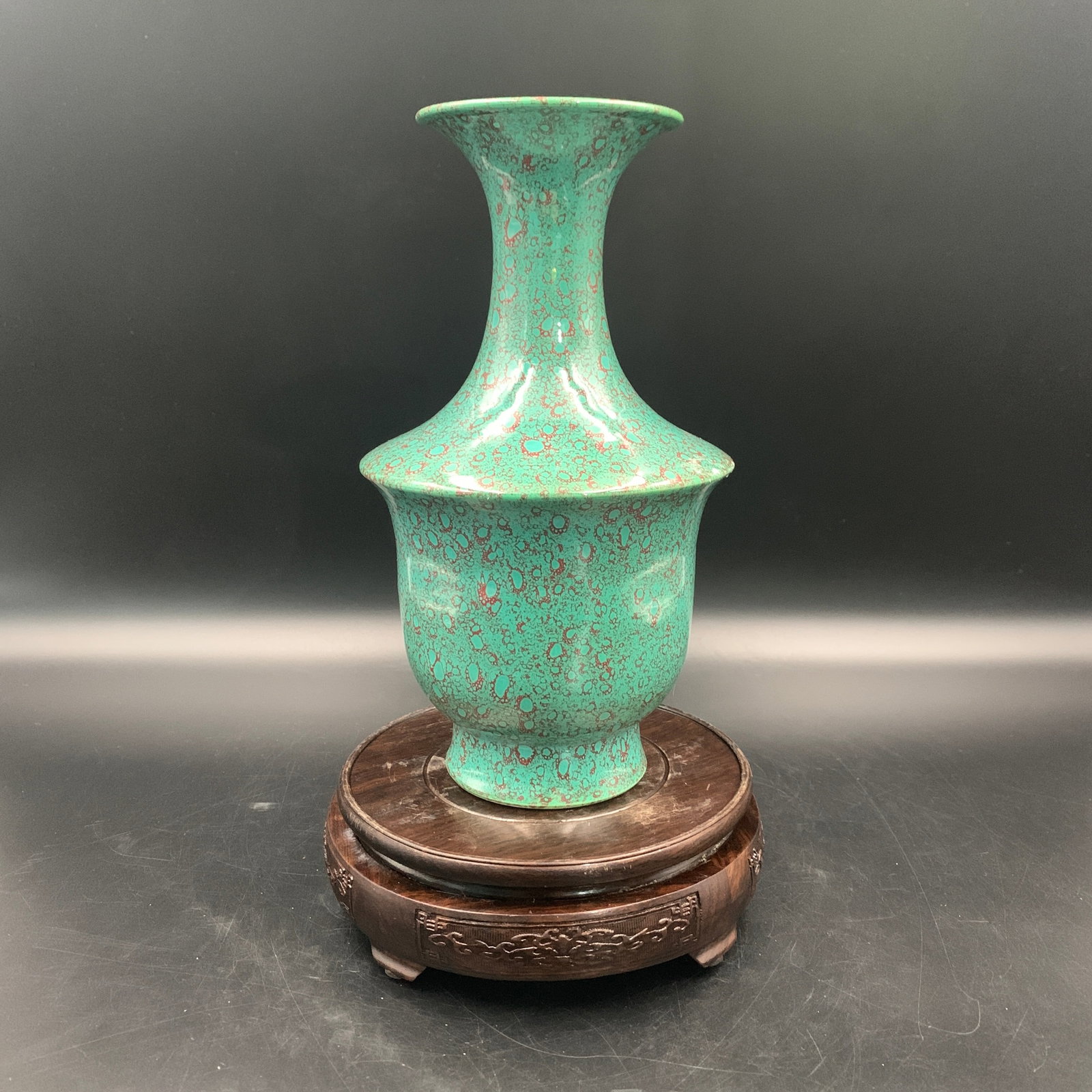 GREEN GLAZED ZUN STYLE PORCELAIN VASE: Yuan Dynasty Style; High: 8.9 inch; Diameter: 4.4 inch; ;Wooden base for picture and display only.