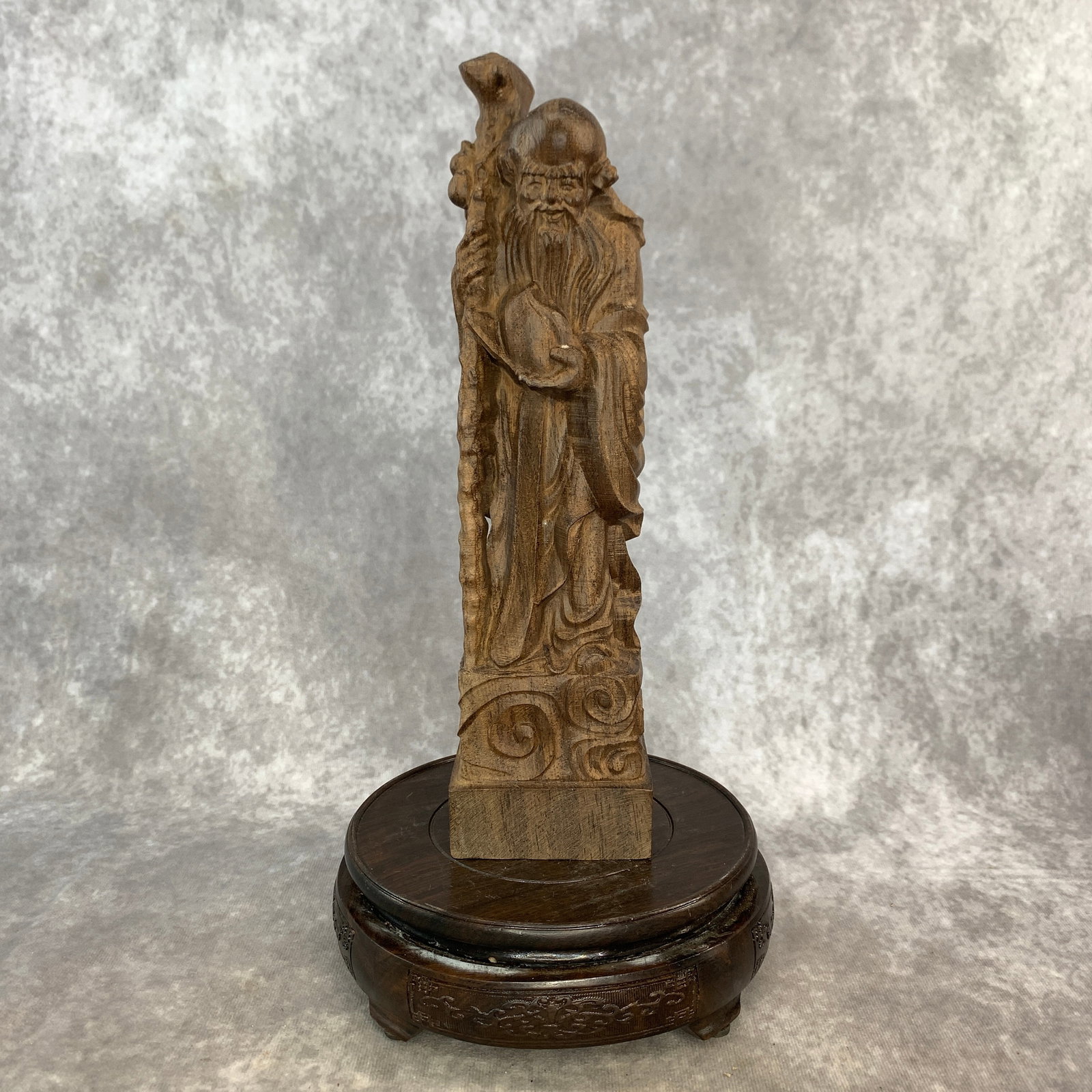 CARVED WOOD SHOULAO GOD OF LONGEVITY STATUE: Republic Period; Long: 3.1 inch; Width: 2.6 inch; High: 14.7 inch; ;Wooden base for picture and display only.