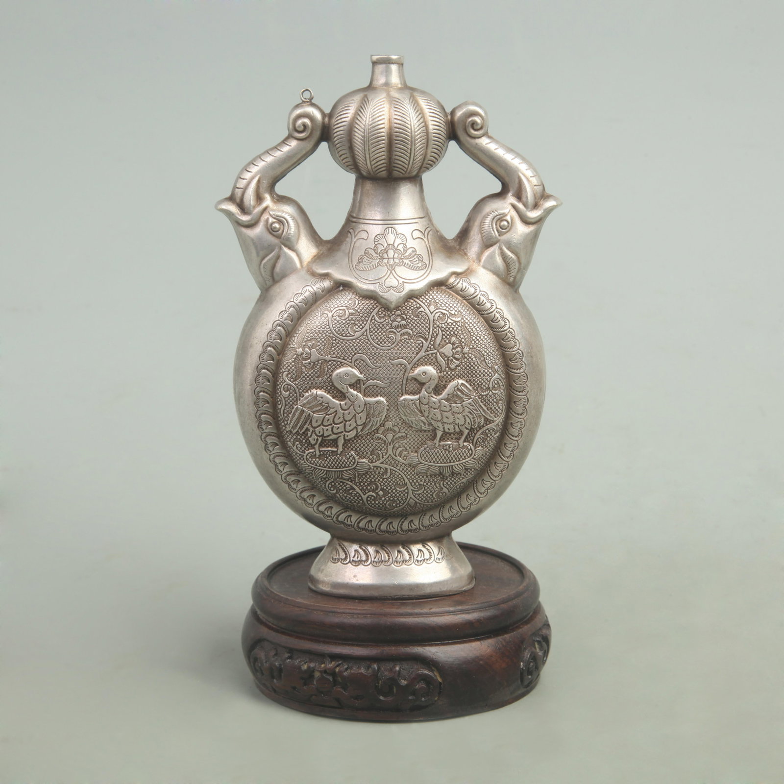 RARE SILVER PLATED BIRD PATTERN SNUFF BOTTLE - 4