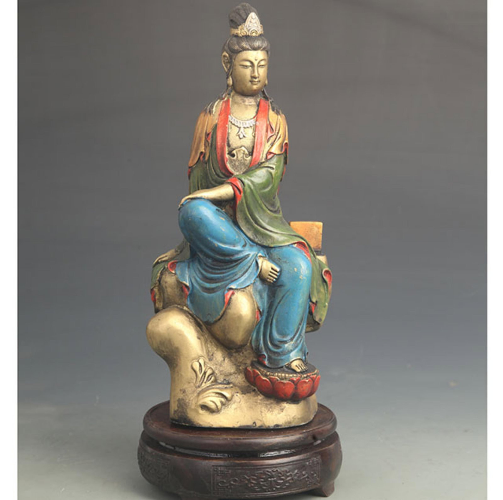 BRONZE PAINTED STATUE OF UNTROUBLED GUANYIN SEATED: 19th Century; High: 11.75 inch; Width: 5.00 inch; ;Wooden base for picture and display only.