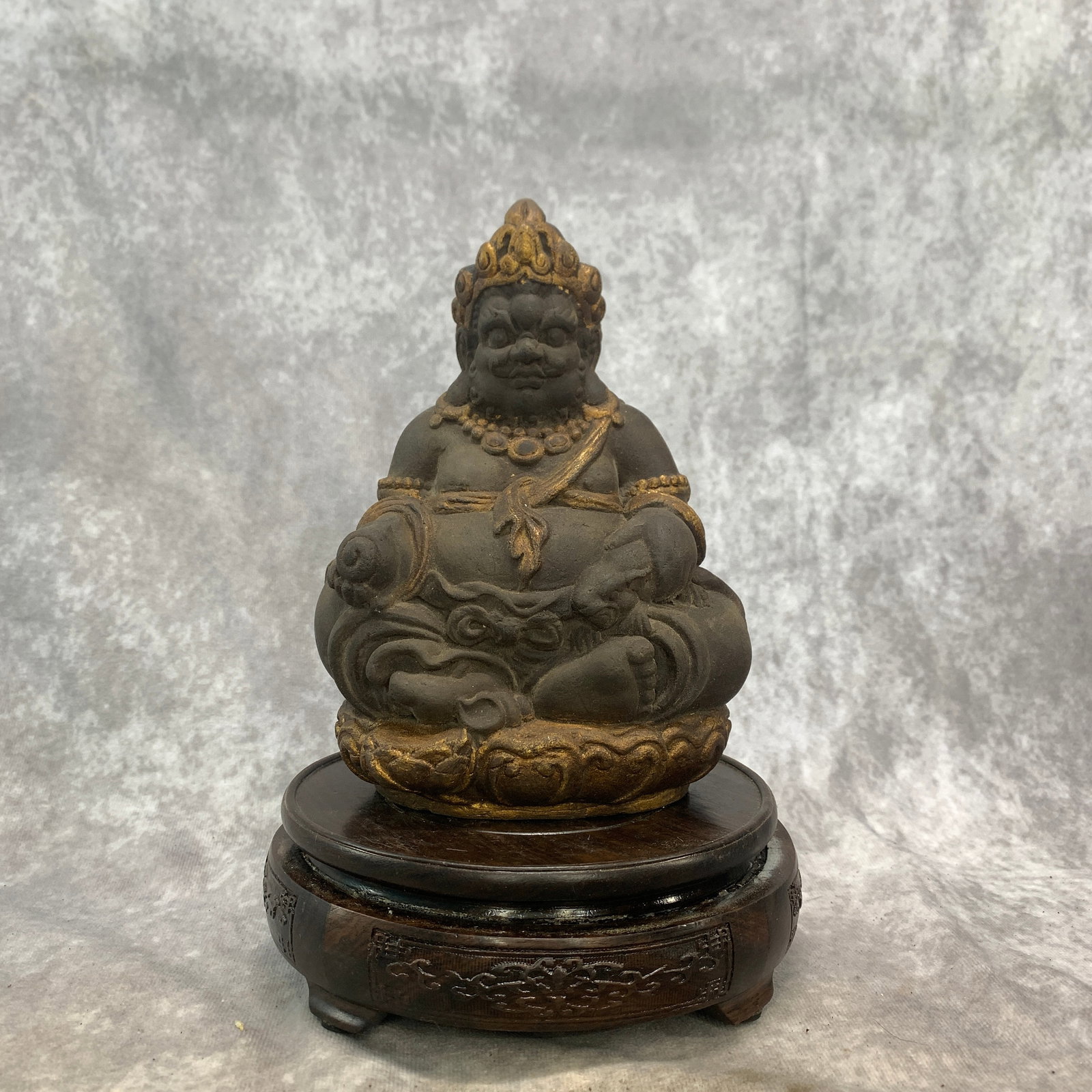 WOOD CARVING FIGURE OF JAMBHALA BLACK MAHAKALA ON A LOTUS THRONE: Republic Period; Long: 5.2 inch; Width: 3.6 inch; High: 7.3 inch; ;Wooden base for picture and display only.