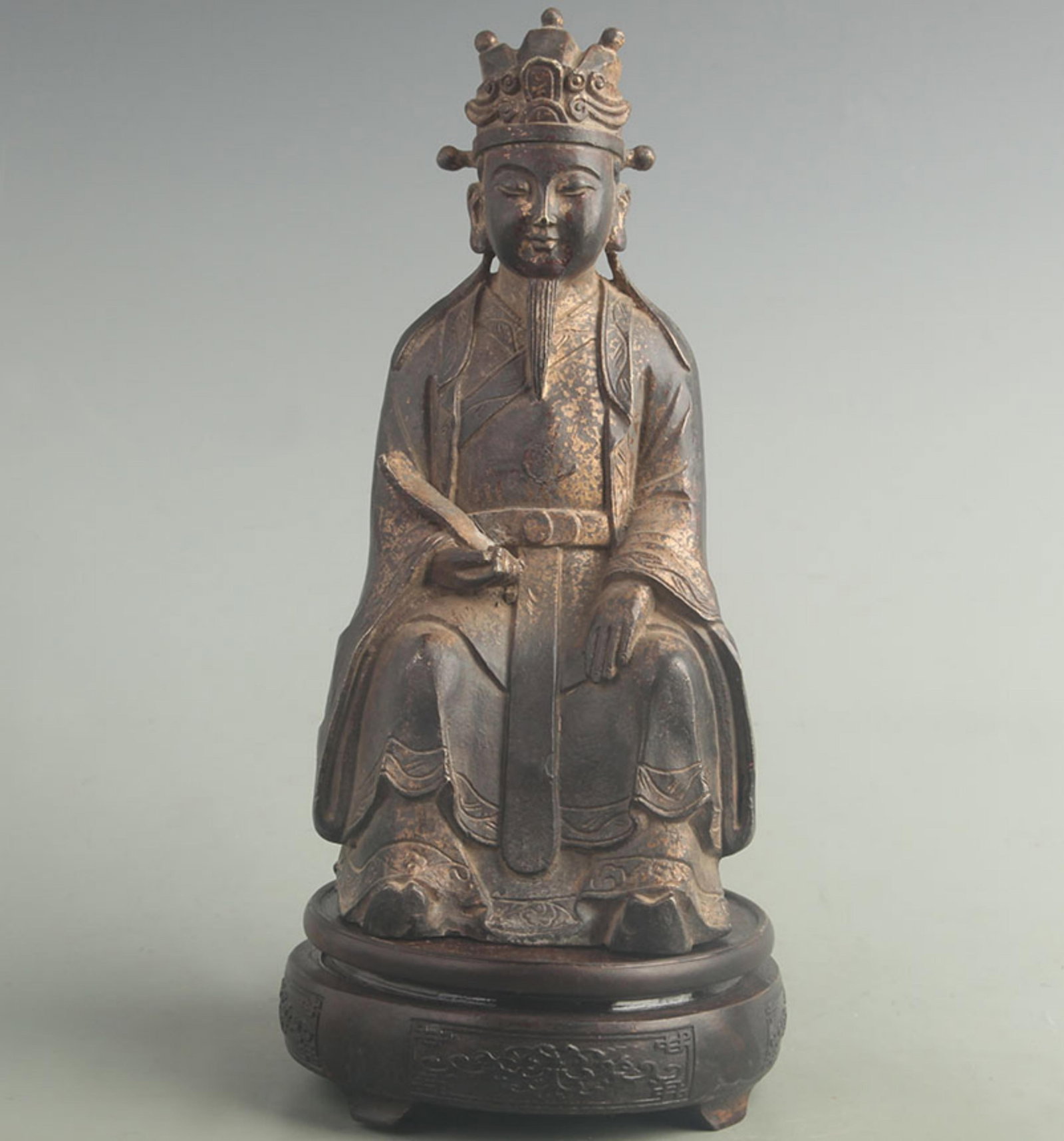 GILT BRONZE CIVIL GOD OF WEALTH: 19th Century; High: 9.50 inch; Width: 4.0 inch; Long: 4.20 inch; ;Wooden base for picture and display only.