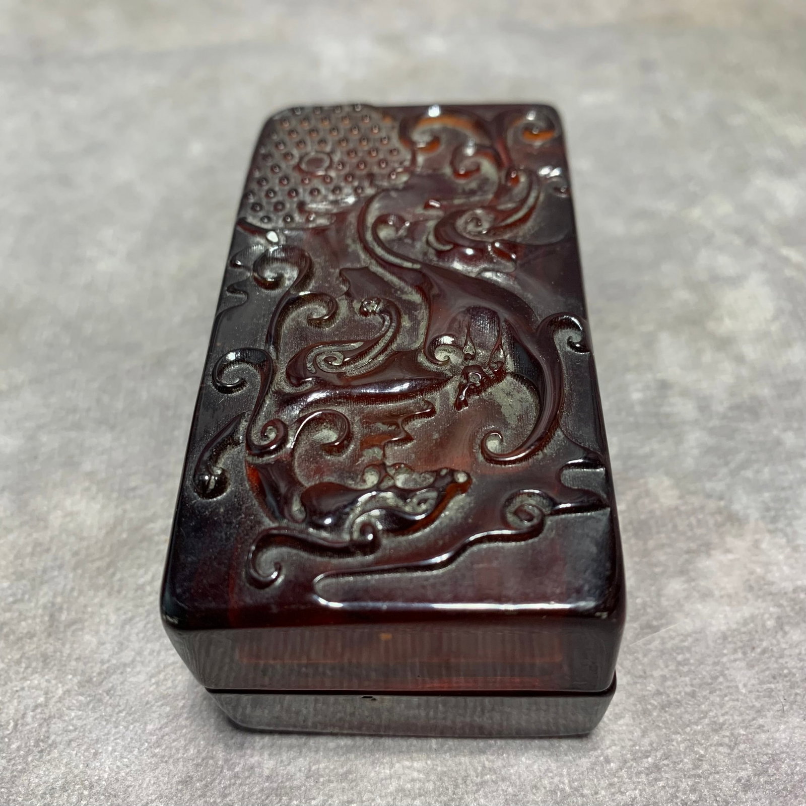A FINE CELLULOID SEALS WITH BOX: Republic Period; Long: 3 inch; Width: 1.6 inch; High: 1.3 inch; ;Wooden base for picture and display only.