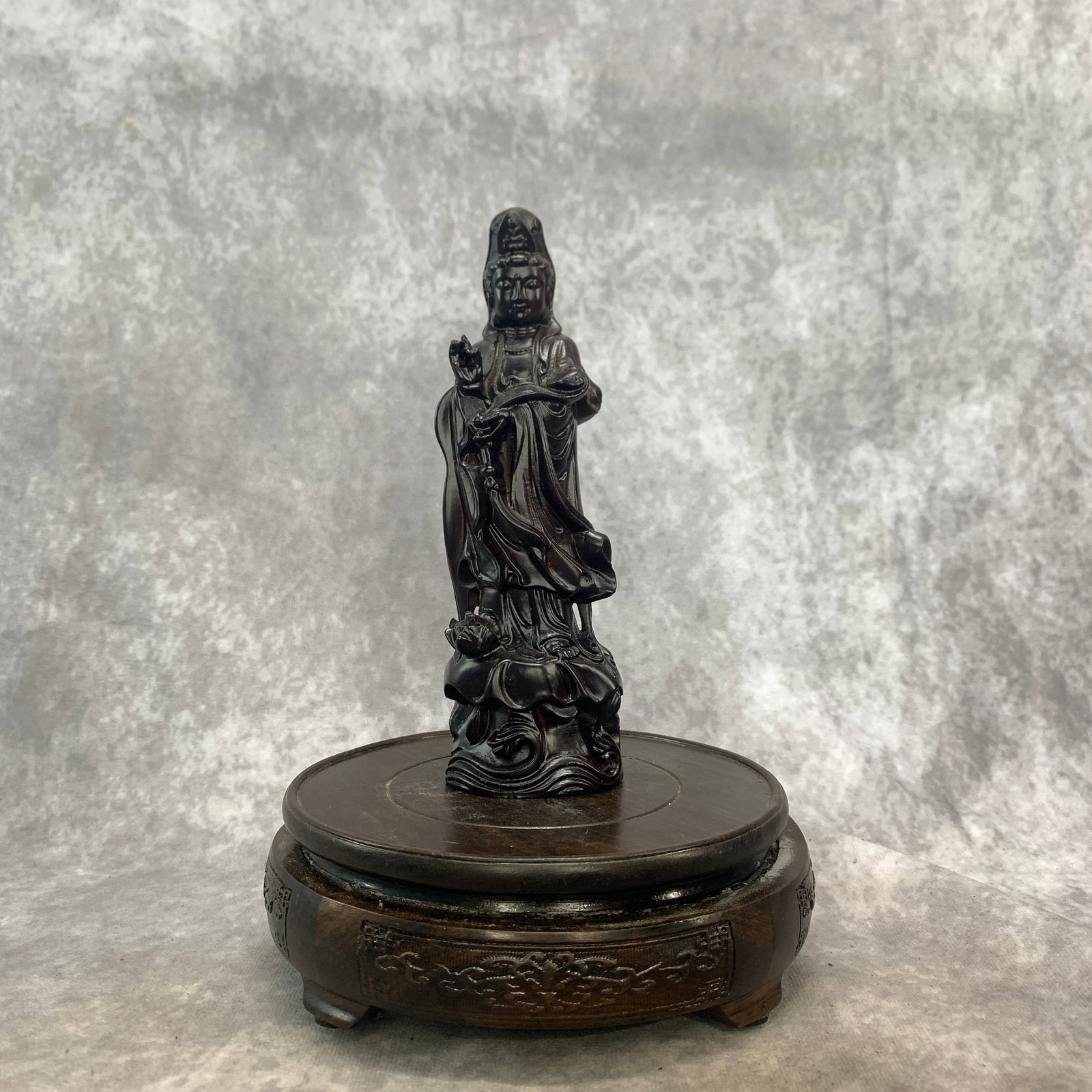 CARVED ZITAN WOOD STANDING GUANYIN BODHISATTVA STATUE: Modern; Long: 2.2 inch; Width: 1.6 inch; High: 7.1 inch; ;Wooden base for picture and display only.