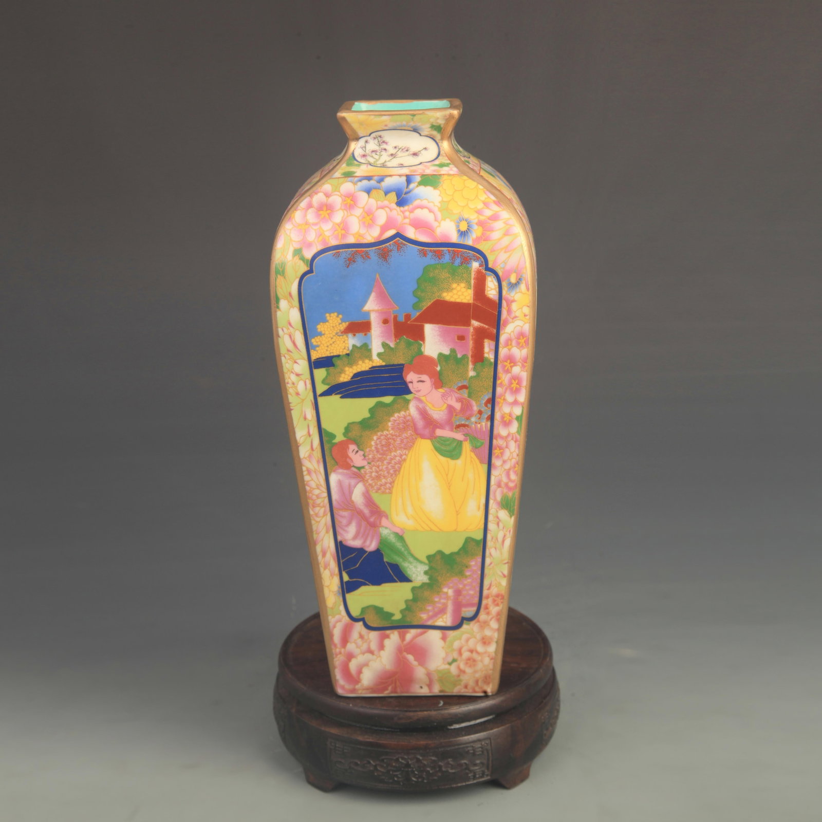 ENAMEL SQUARE VASE WITH GILDED WESTERN FIGURE PANELS: Qing Dynasty Yong Zheng Period; High: 10.08 inch; Diameter: 4.50 inch; ;Wooden base for picture and display only.