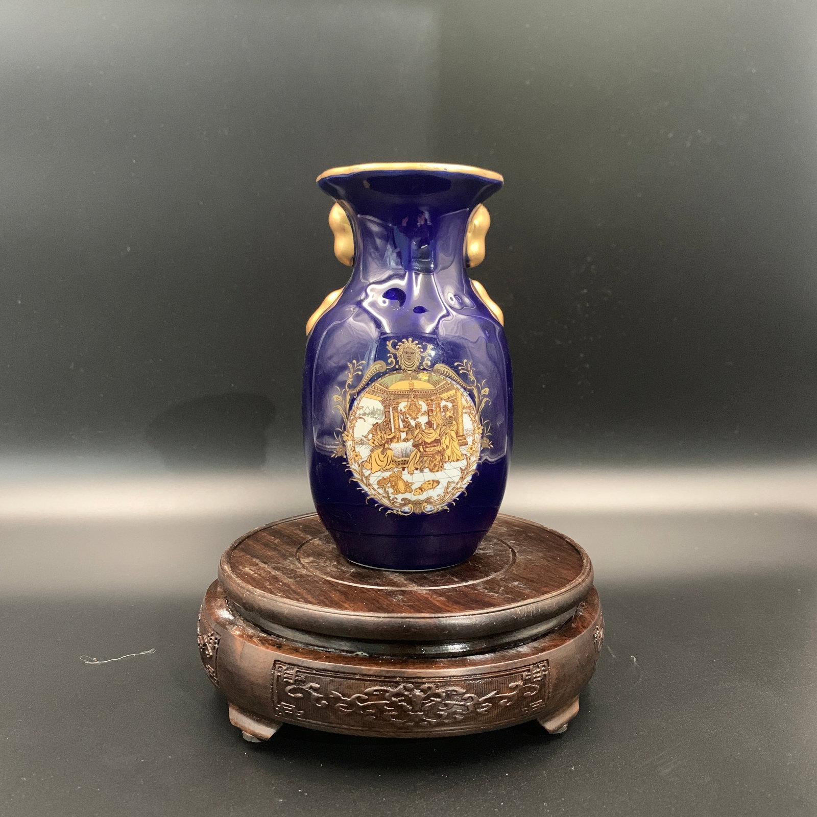 BLUE GLAZED GILT-ENAMEL EUROPEAN NARRATIVE PORCELAIN VASE: Republic Period; High: 6 inch; Diameter: 3.5 inch; ;Wooden base for picture and display only.