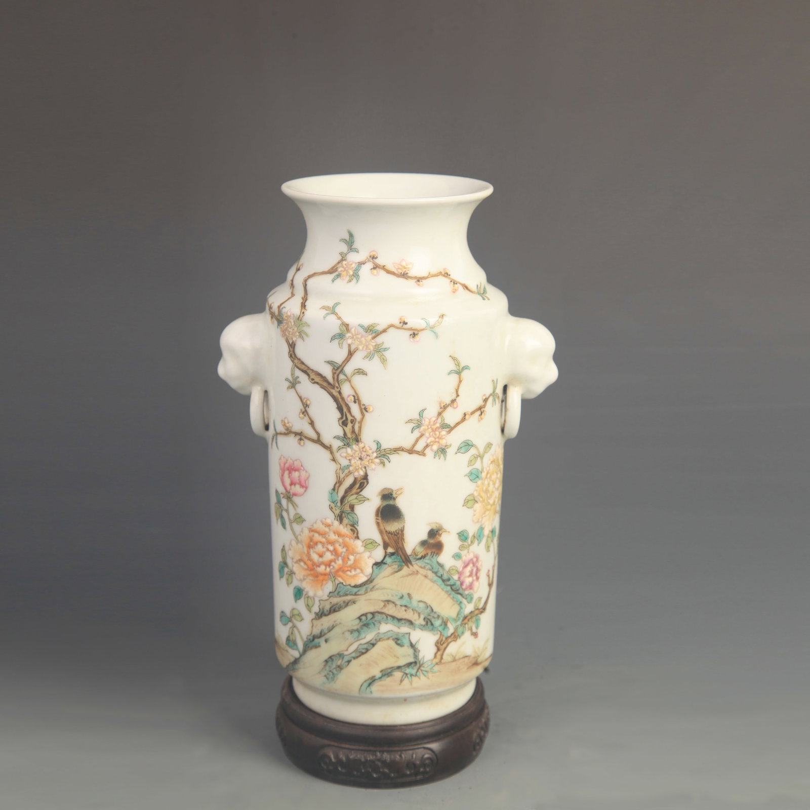 CLOISONNE ENAMEL FLORAL AND BIRD PATTERN PORCELAIN VASE WITH LION EAR HANDLES: Qing Dynasty Qian Long Period; High: 9.30 inch; Diameter:5.50 inch; ;Wooden base for picture and display only.