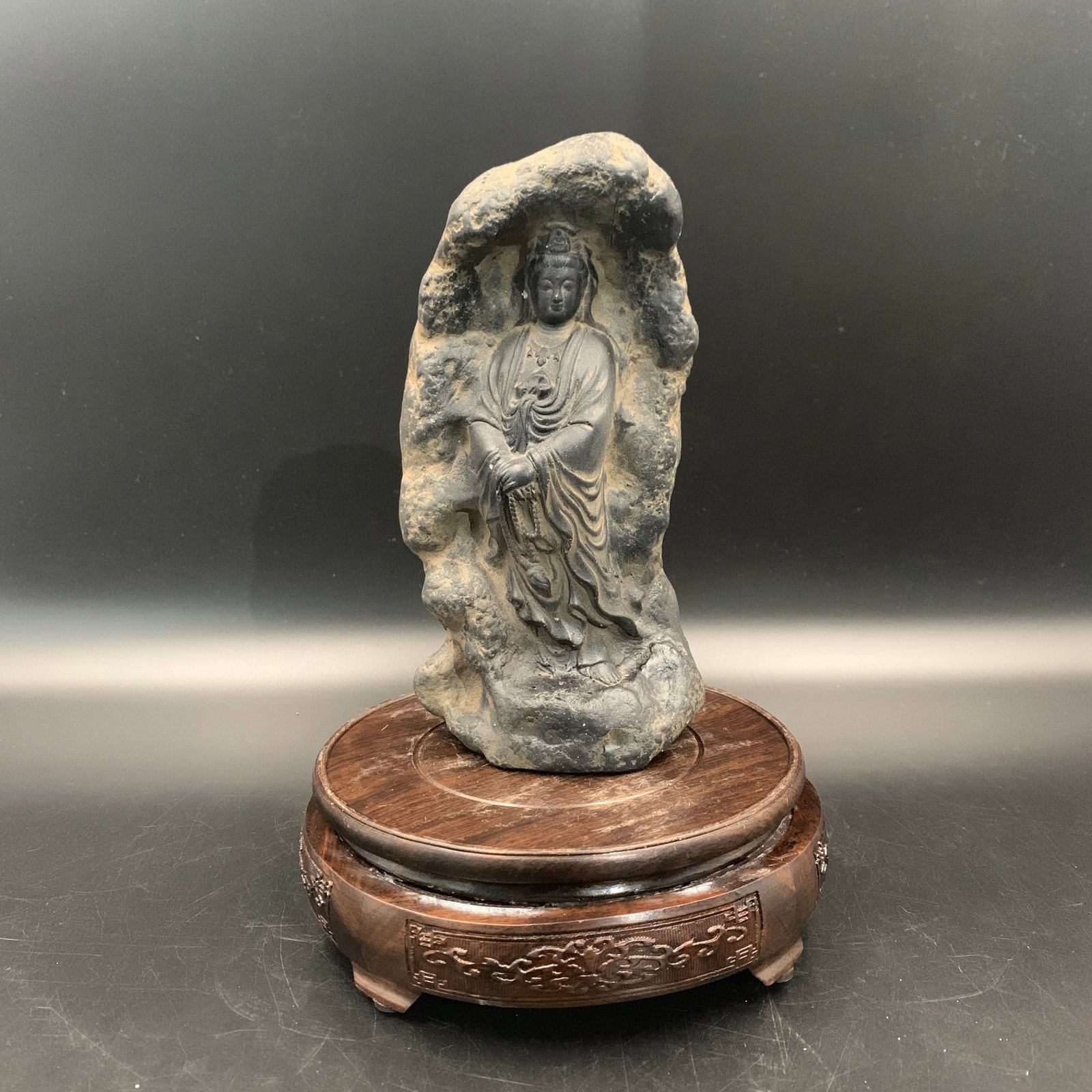 CARVED STONE STANDING GUANYIN BODHISATTVA STATUE: Republic Period; Long: 7.4 inch; Width: 3.6 inch; High: 2.2 inch; ;Wooden base for picture and display only.