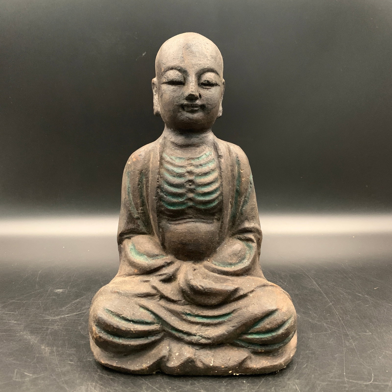 WOODED SEATED ASCETIC SHAKYAMUNI BUDDHA FIGURINE: Republic Period; Long: 6.3 inch; Width: 3.8 inch; High: 9.7 inch; ;Wooden base for picture and display only.