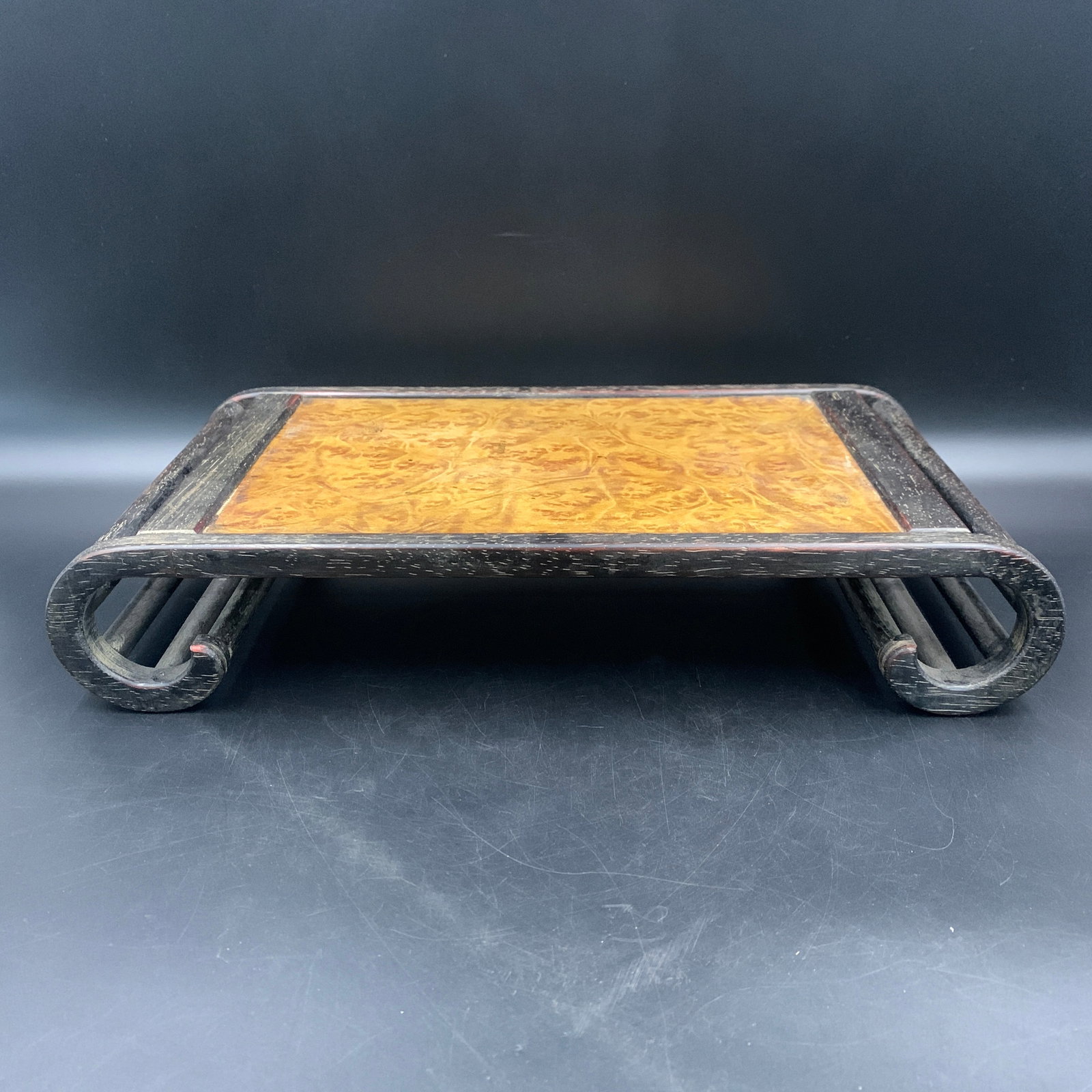 BURLWOOD INSET SCROLL-END LOW DISPLAY STAND: Modern; Long: 15.8 inch; Width: 8.6 inch; High: 2.9 inch; ;Wooden base for picture and display only.