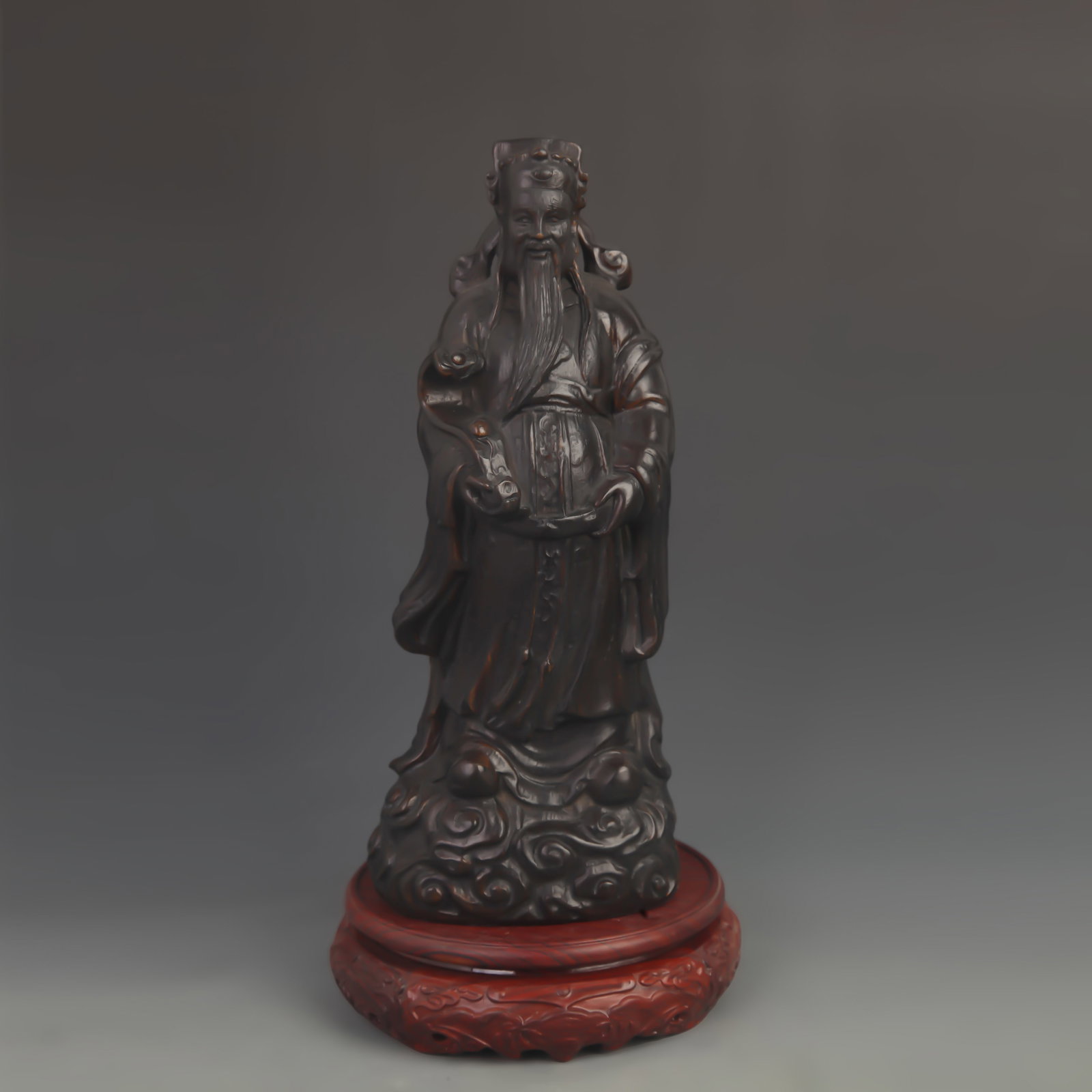 A FINELY CARVED BAMBOO FIGURE OF GOD OF WEALTH: 20th Century; High: 11.25 inch; Width: 4.00 inch; ;Wooden base for picture and display only.
