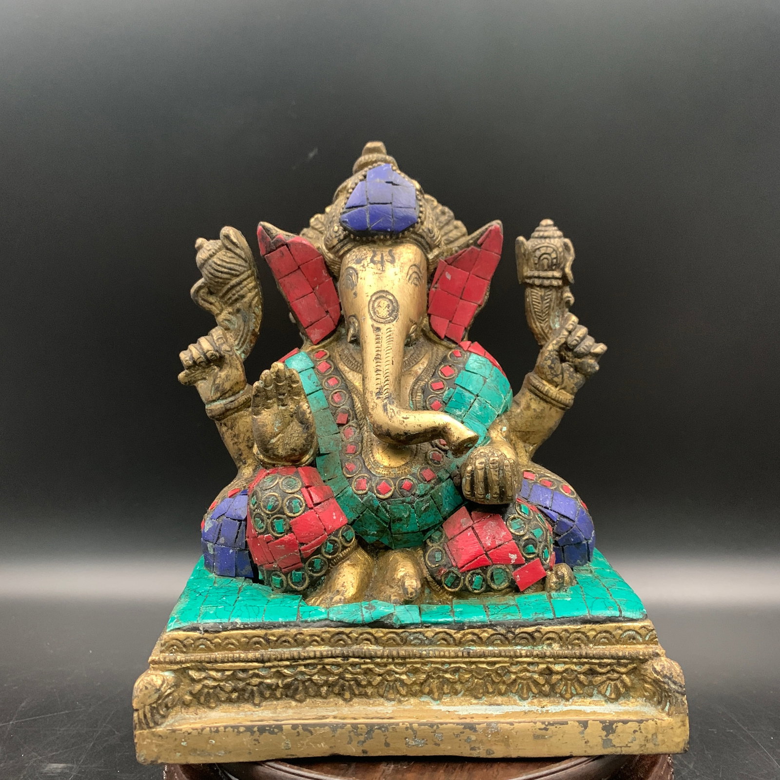 RARE NEPALESE-STYLE INLAID BRONZE SEATED GANESHA STATUE (1 of 7)