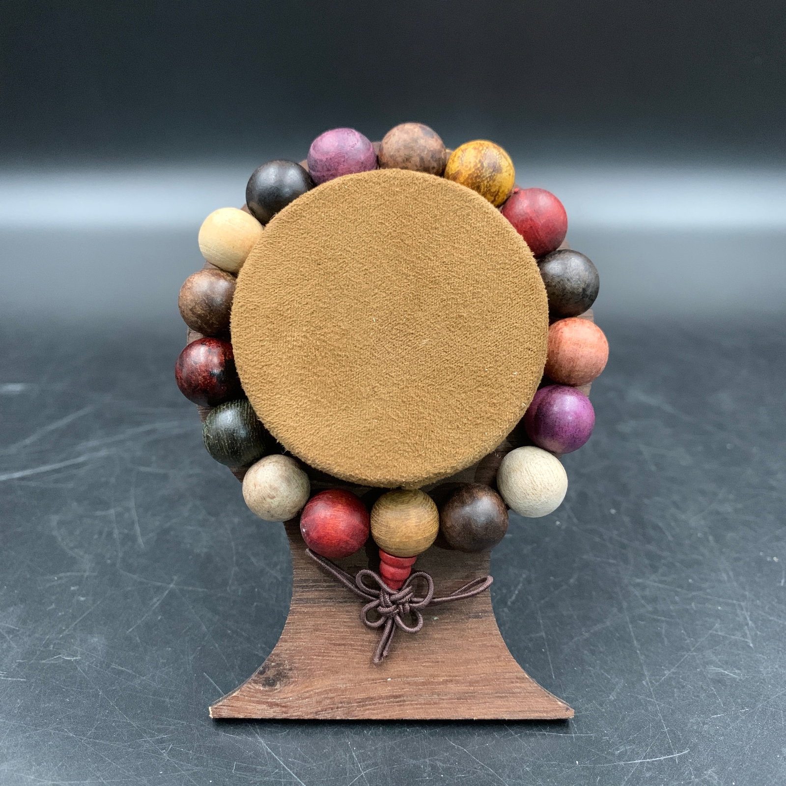 MULTI-COLORED MIXED HARDWOOD TIBETAN BUDDHIST PRAYER BEADS: Modern; Long: 3.5 inch; Diameter: 0.4 inch; ;Wooden base for picture and display only.