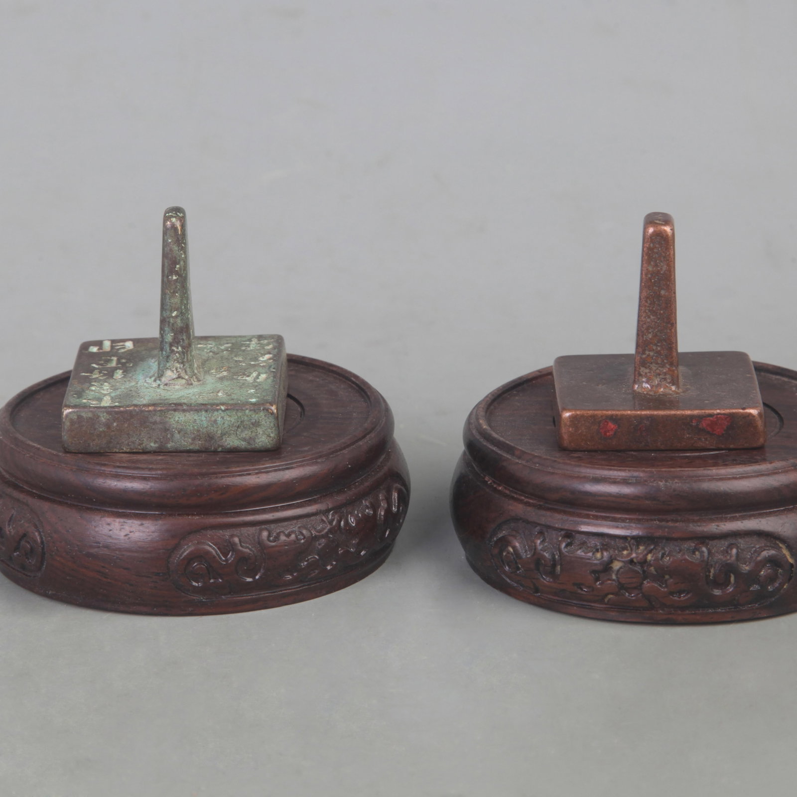 TWO ANTIQUE SQUARE SEALS: Qing Dynasty; Width: 1.6inch; High: 1.6inch ;Wooden base for picture and display only.