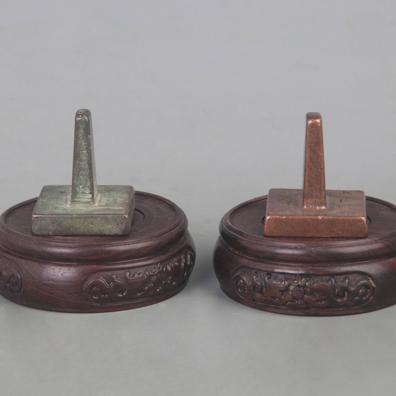 TWO ANTIQUE SQUARE SEALS: Qing Dynasty; Width: 1.4inch; High: 1.8inch ;Wooden base for picture and display only.
