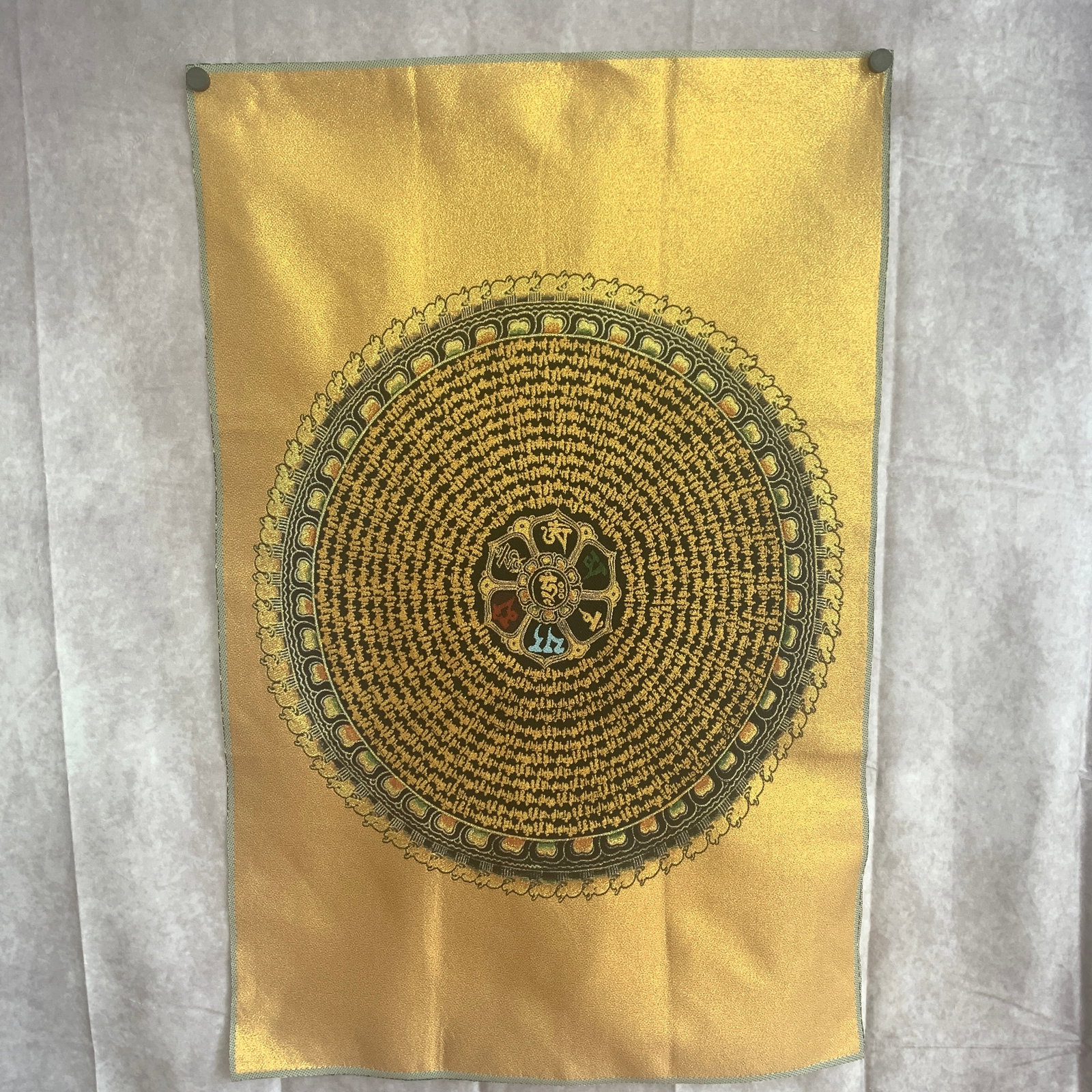 TIBETAN KALACHAKRA MANTRA WHEEL THANGKA ON SILK: Modern; Long: 35.2 inch; Width: 23.2 inch; ;Wooden base for picture and display only.