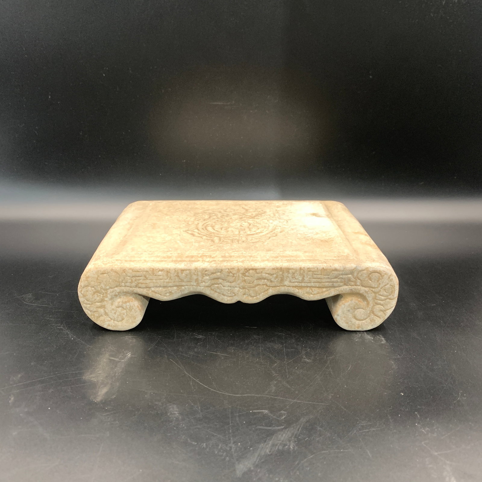 CARVED WHITE STONE INCISED LOTUS SCROLL PRESENTATION STAND: Republic Period; Long: 9.9 inch; Width: 7.2 inch; High: 2.3 inch; ;Wooden base for picture and display only.