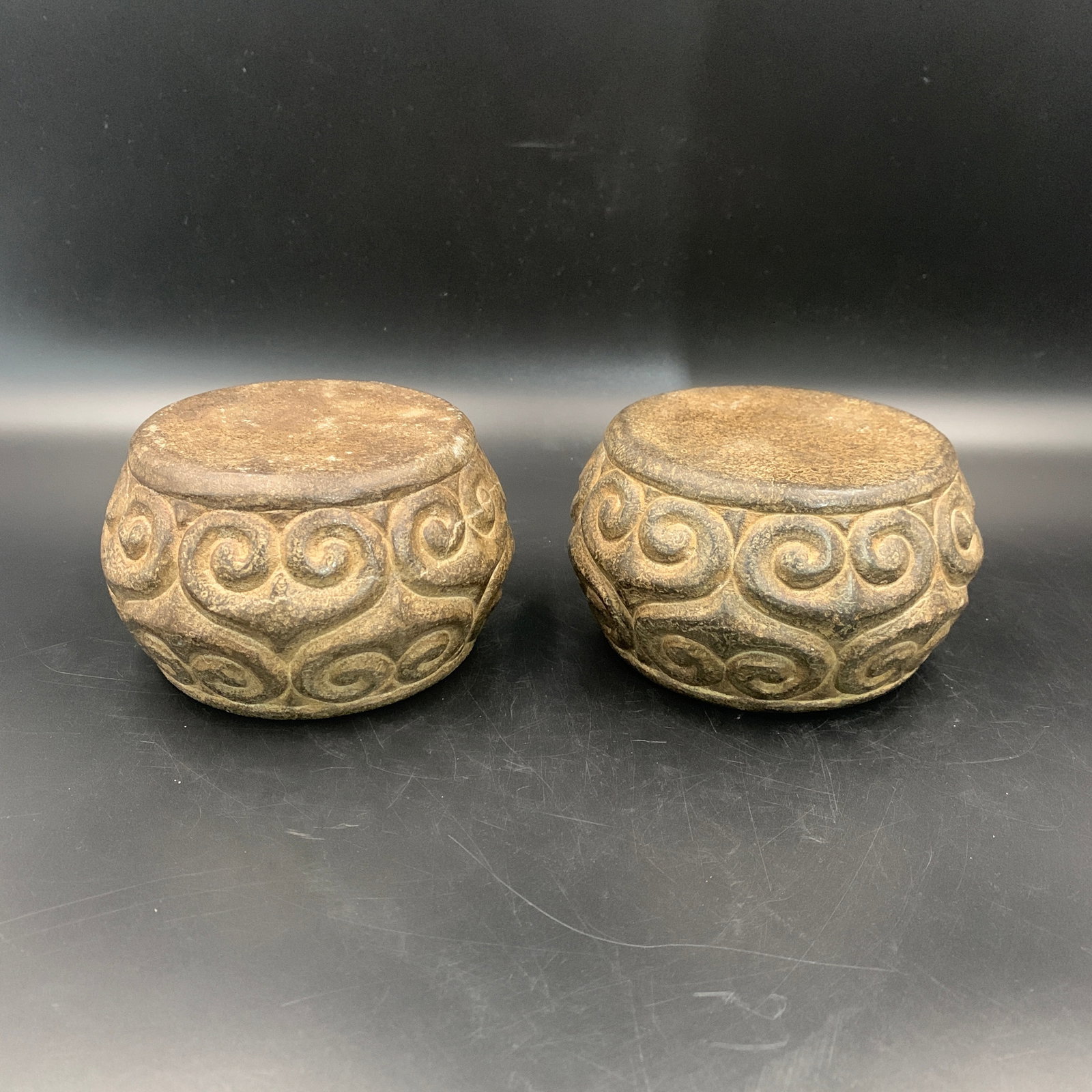 PAIR OF CARVED STONE CLOUD-SCROLL PATTERN BASES - 3