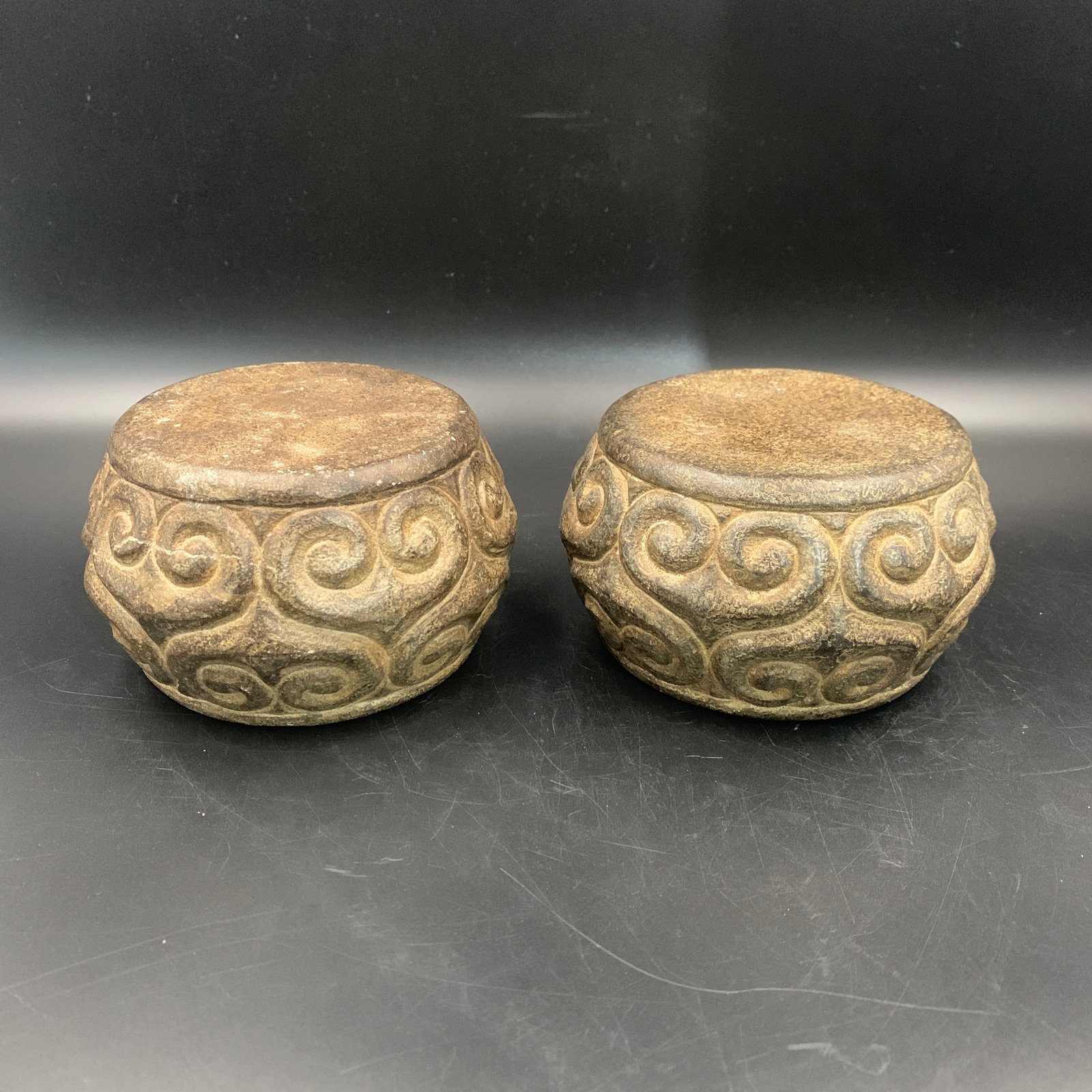 PAIR OF CARVED STONE CLOUD-SCROLL PATTERN BASES - 4