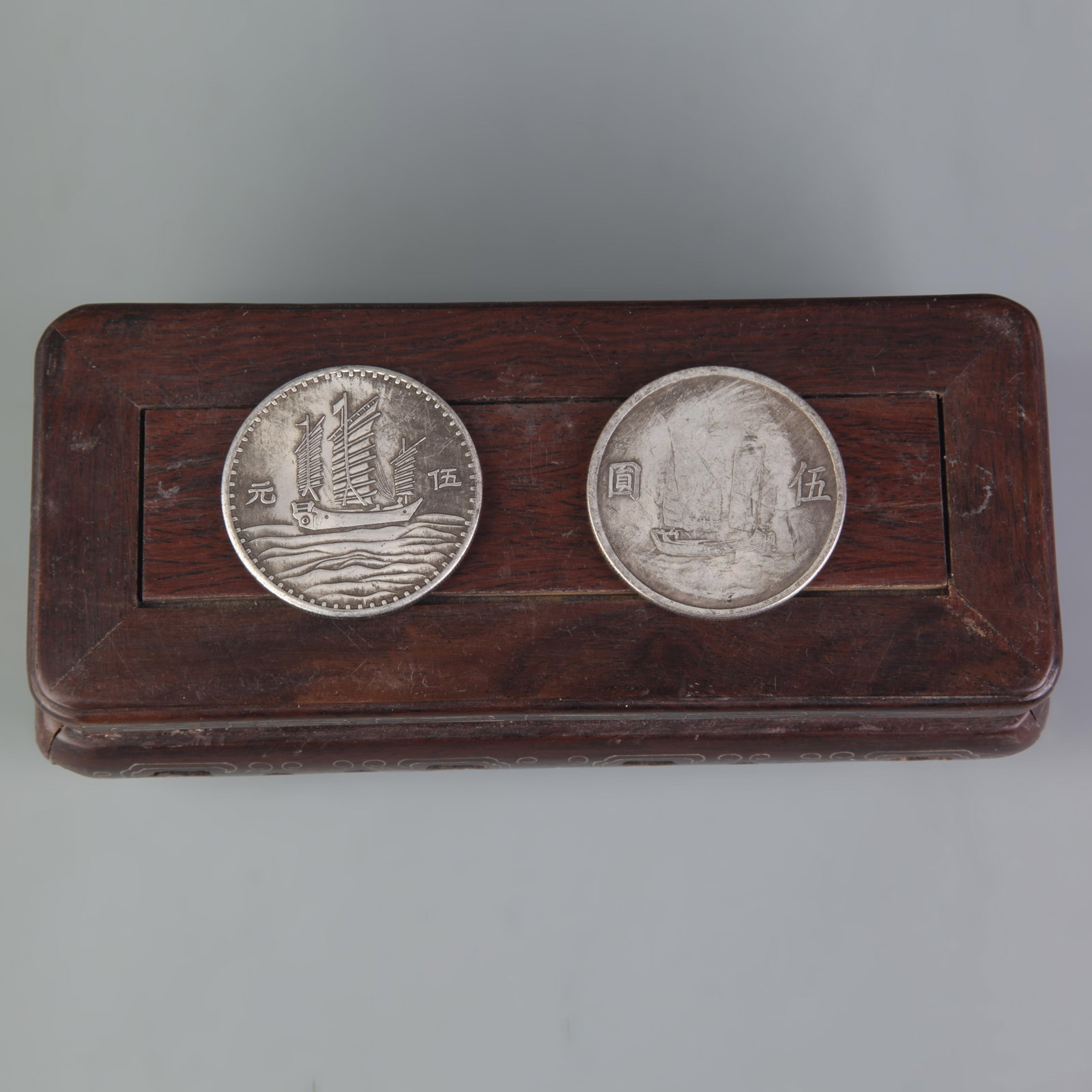 2 FIVE-YUAN REPUBLIC OF CHINA COINS: Republic Period; Diameter: 1.8 inch ;Wooden base for picture and display only.