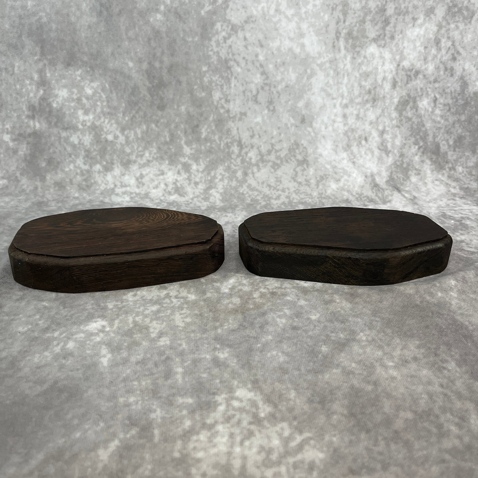 PAIR OF HARDWOOD MADE DISPLAY STAND: Modern; Long: 6.3 inch; Width: 3.5 inch; High: 1.1 inch; Long: 6.4 inch; Width: 3.7 inch; High: 1.1 inch; ;Wooden base for picture and display only.