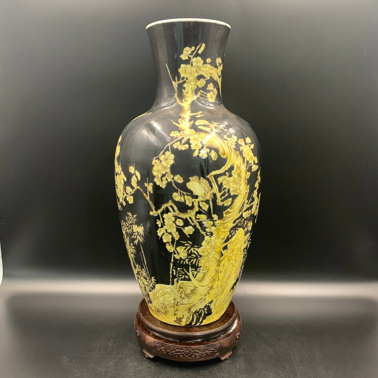 BLACK GROUND GILT-ENAMEL BAMBOO PATTERN BALUSTER VASE: Qing Dynasty; High: 16.4 inch; Diameter: 6.6 inch; ;Wooden base for picture and display only.