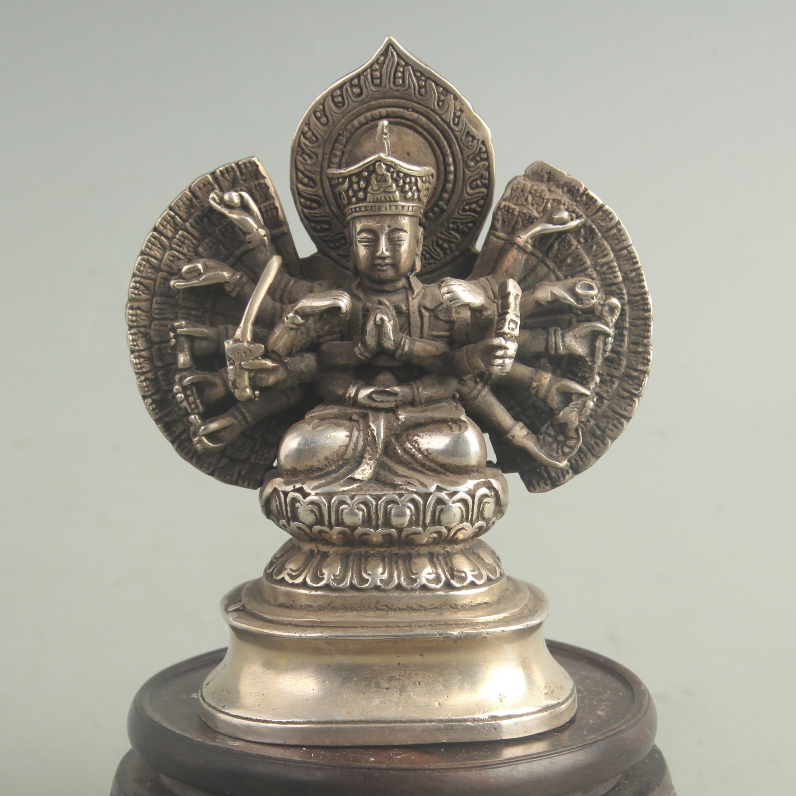 SILVER-GILT BRONZE CUNDI BODHISATTVA FIGURE: 20th Century; High: 5.00 inch; Width: 4.00 inch ;Wooden base for picture and display only.