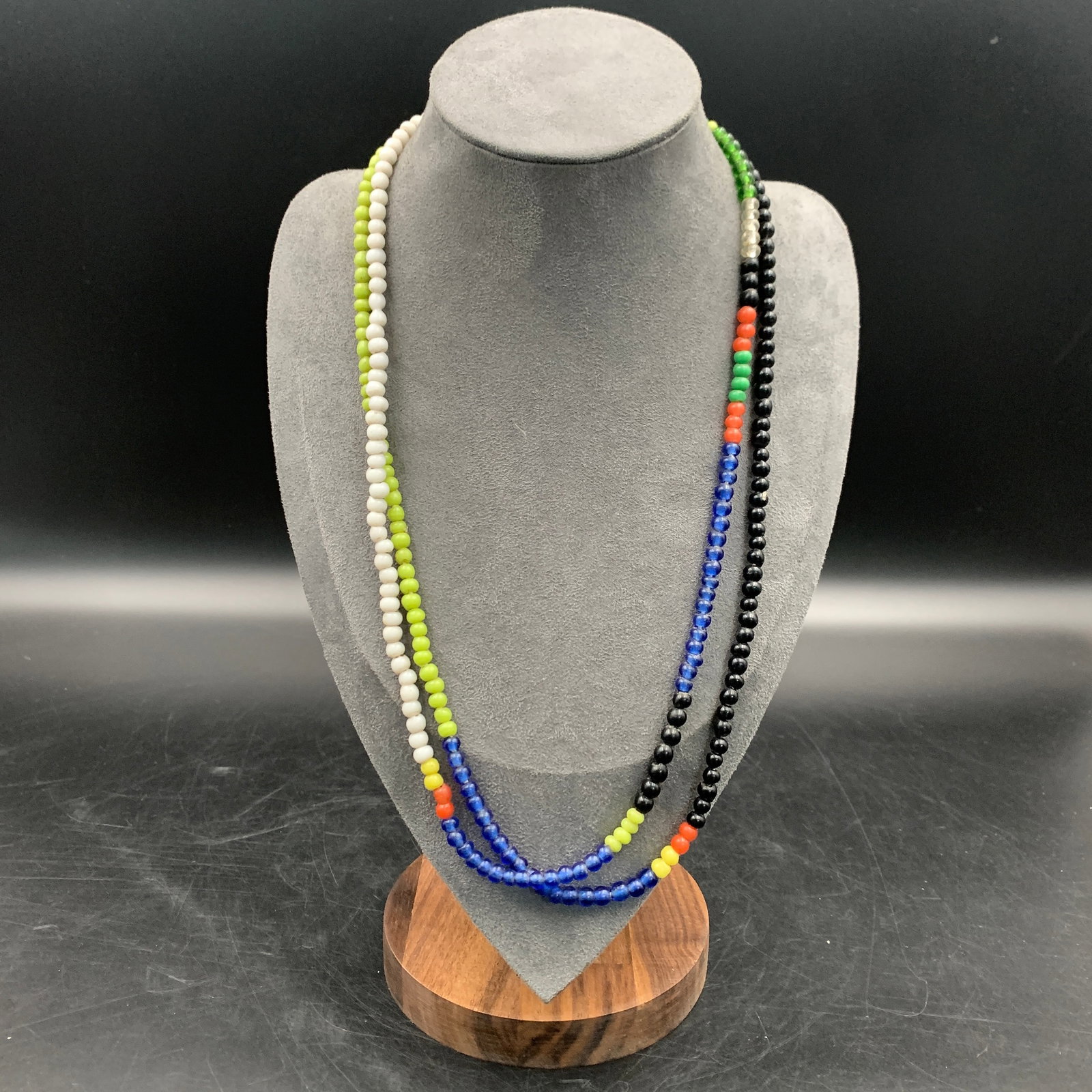 MULTI-COLOR PEKING GLASS AND SEED BEAD NECKLACE: Modern; Long: 12 inch; Diameter: 0.2 inch; ;Wooden base for picture and display only.