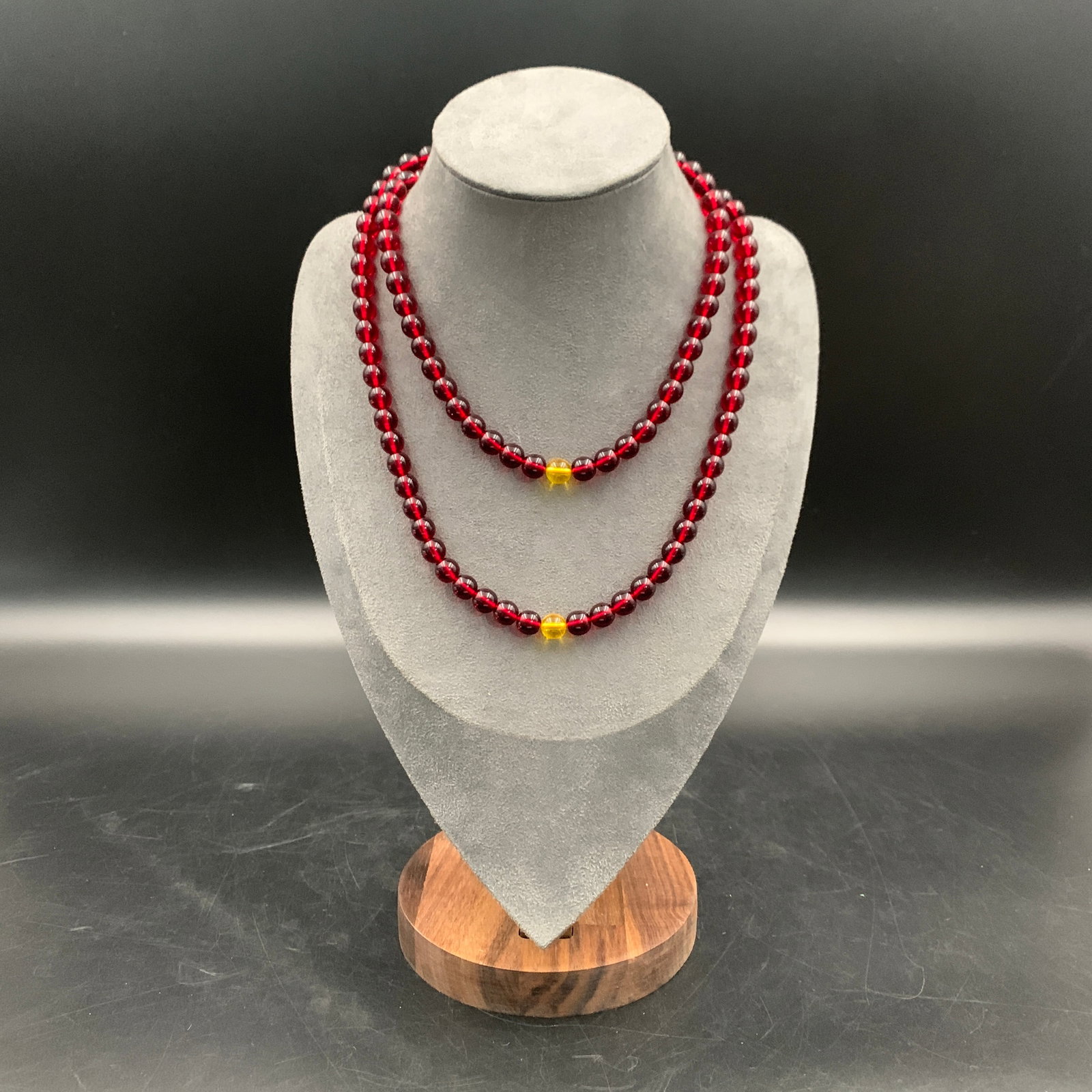 GLASS BEAD DOUBLE-STRAND NECKLACE WITH AMBER SPACERS: Modern; Long: 19.5 inch; Diameter: 0.3 inch; ;Wooden base for picture and display only.