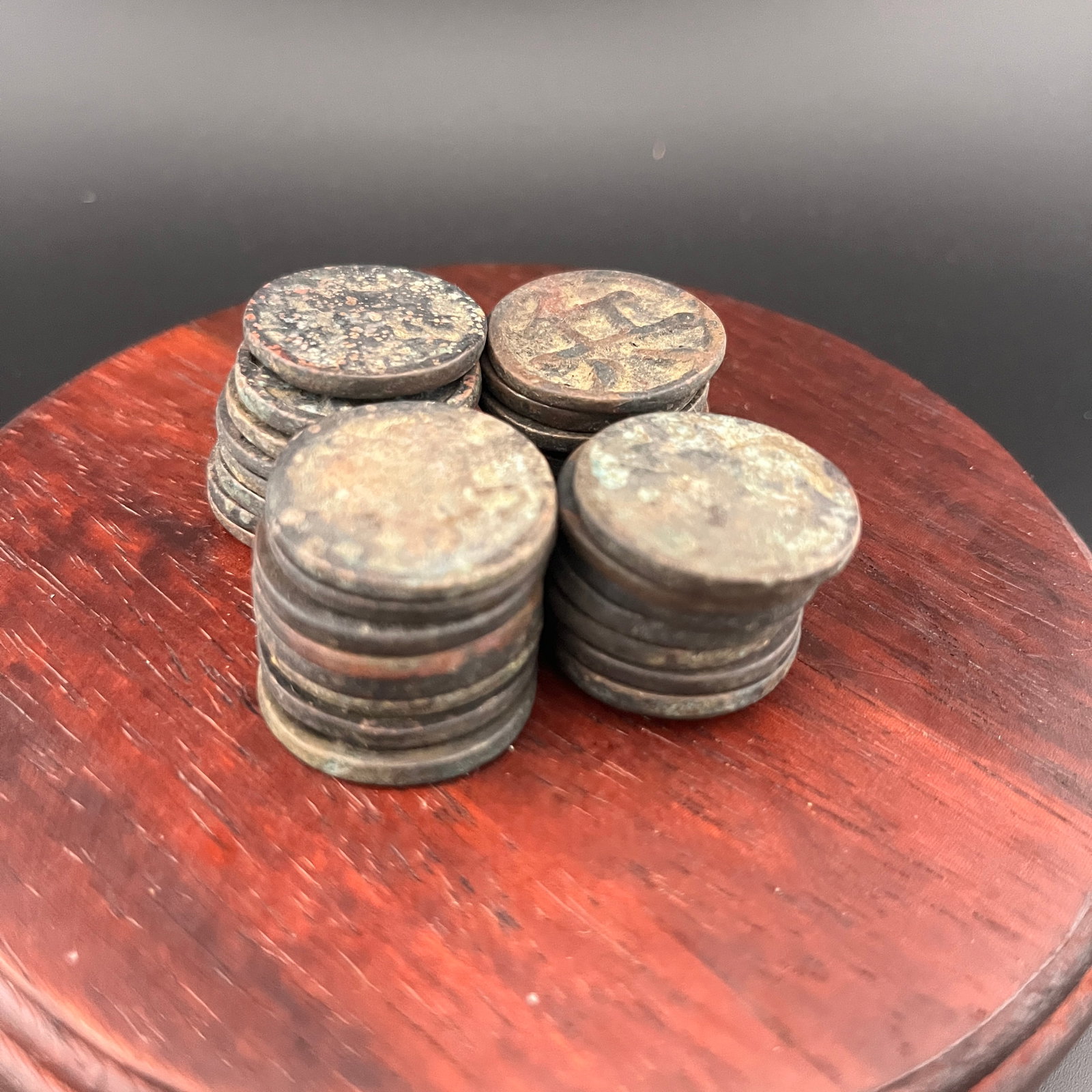 SET OF THIRTY-TWO CHINESE BRONZE 'XIANGQI' CHESS: Republic Period; High: 0.1 inch; Diameter: 1 inch; ;Wooden base for picture and display only.