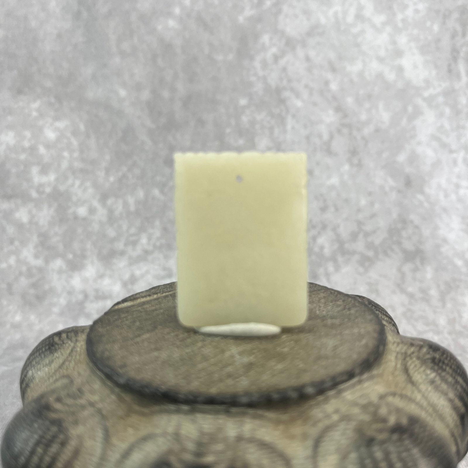 CHINESE HAND-CARVED WHITE JADE PLAQUE (WUSHI PAI): Qing Dynasty; Long: 1.6 inch; Width: 1.2 inch; High: 0.19 inch;;Wooden base for picture and display only.