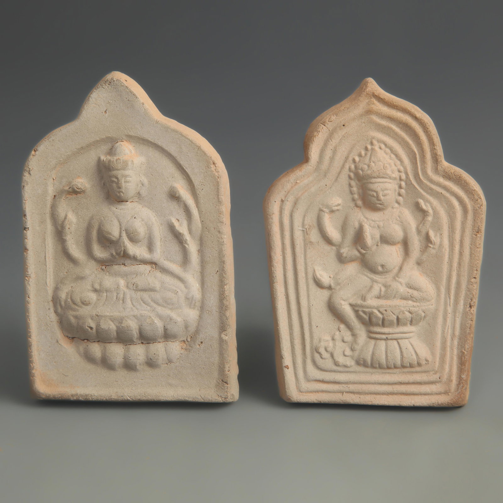 PAIR OF FINELY MADE POTTERY MADE BUDDHA: Tang Dynasty Style; High: 4.25 inch; Width: 2.75 inch; ;Wooden base for picture and display only.