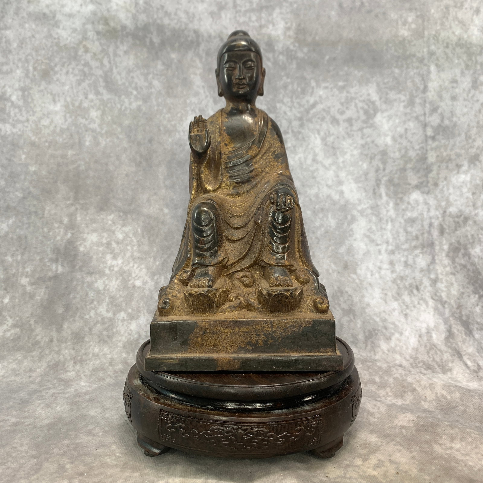 BRONZE STATUE OF SEATED BUDDHA ON A LOTUS THRONE: Ming Dynasty Style; Long: 4.9 inch; Width: 4.2 inch; High: 9.2 inch; . Wooden base for display only