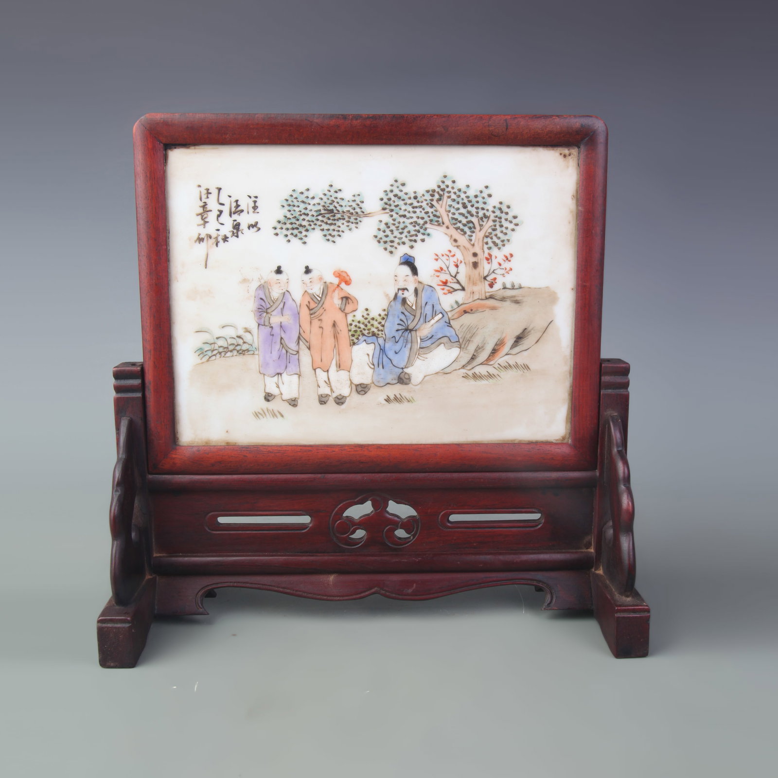 HUALI HARDWOOD TABLE SCREEN WITH MARBLE FIGURE PANEL