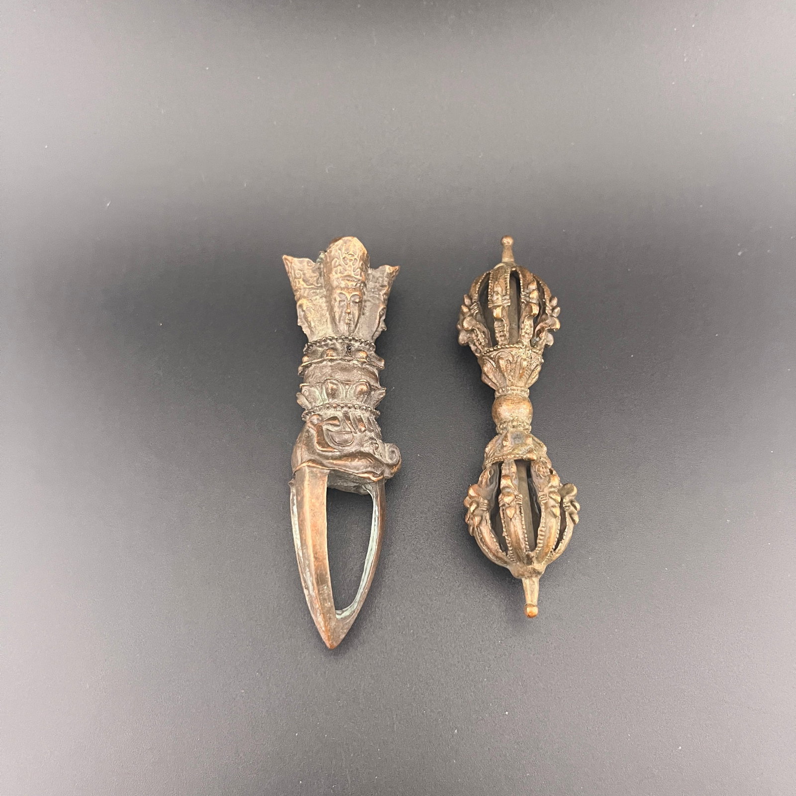 TIBETAN RITUAL BRONZE PHURBA DAGGER & SYMMETRICAL VAJRA SET