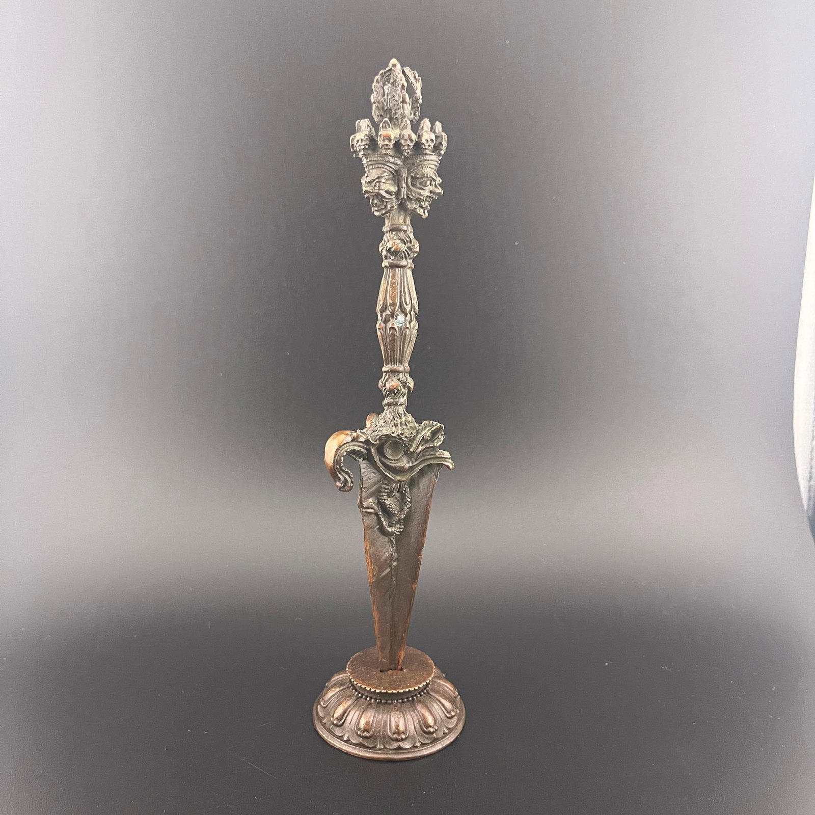 TIBETAN RITUAL BRONZE PHURBA WITH LOTUS PEDESTAL STAND