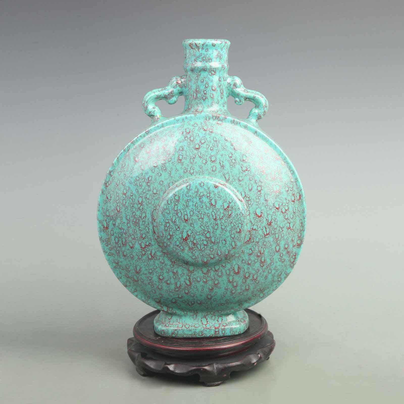 A FINE LU JUN KILN MOON STYLE PORCELAIN BOTTLE: Qing Dynasty Qian Long Period; High: 13.5 inch; Width: 10 inch; . Wooden base for display only