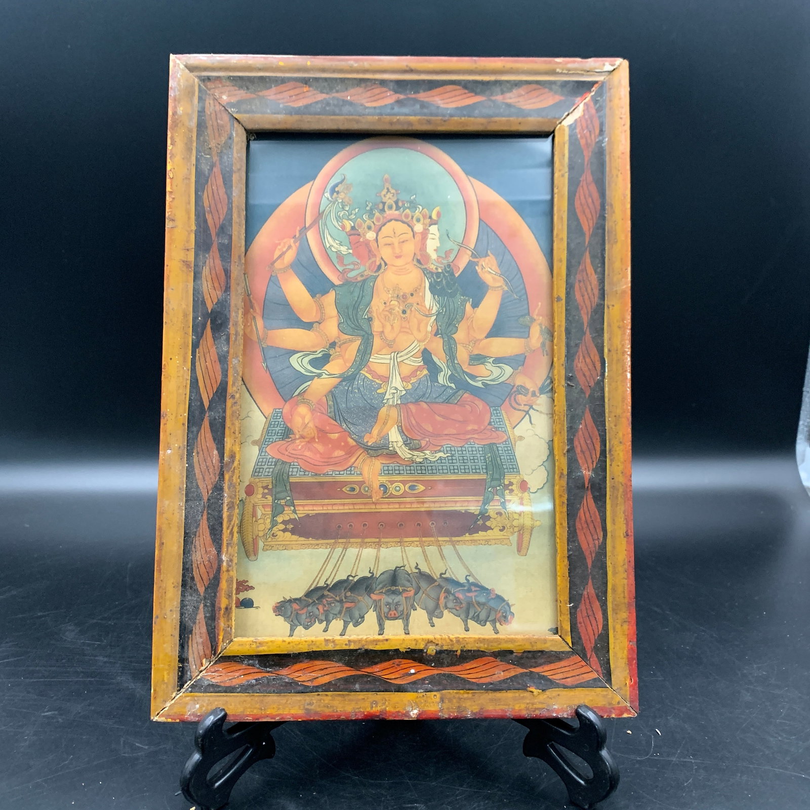 WOODEN FRAMED TIBETAN THANGKA PRINT: 19th Century; Long: 11.9 inch; Width: 8.4 inch; High: 0.6 inch; . Wooden base for display only