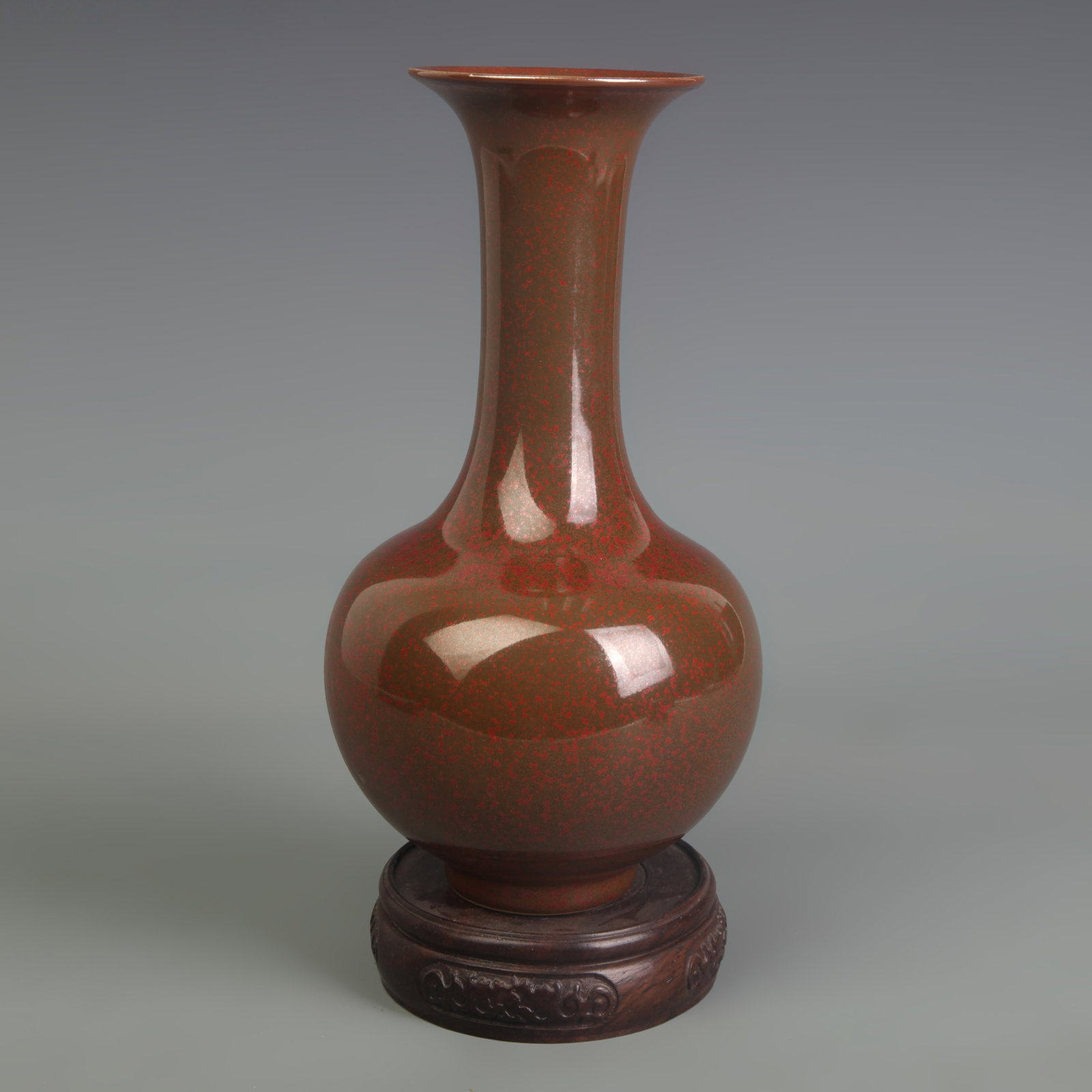 DARK COLOR JUN KILN PORCELAIN VASE: Ming Dynasty Style; Diameter: 3.0 inch; Width: 4.2 inch; High: 8.2 inch. Wooden base for display only