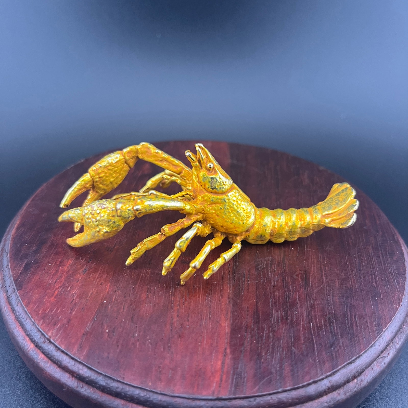 GILT BRONZE CRAYFISH FIGURINE: Long: 3.5 inch; Width: 1.9 inch; High: 1.2 inch; . Wooden base for display only